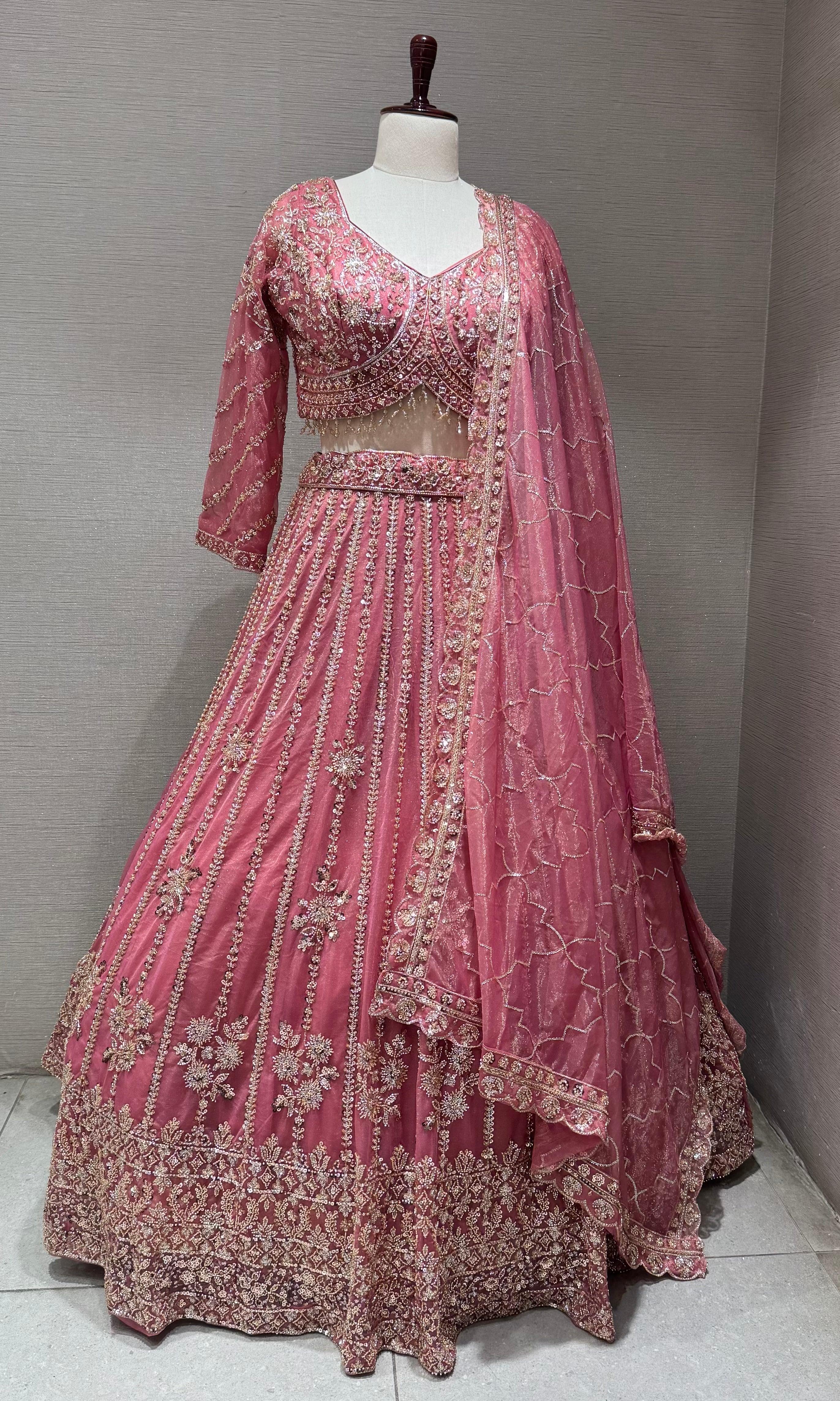 Rose Pink Intricate Embroidered Silk Lehenga Set