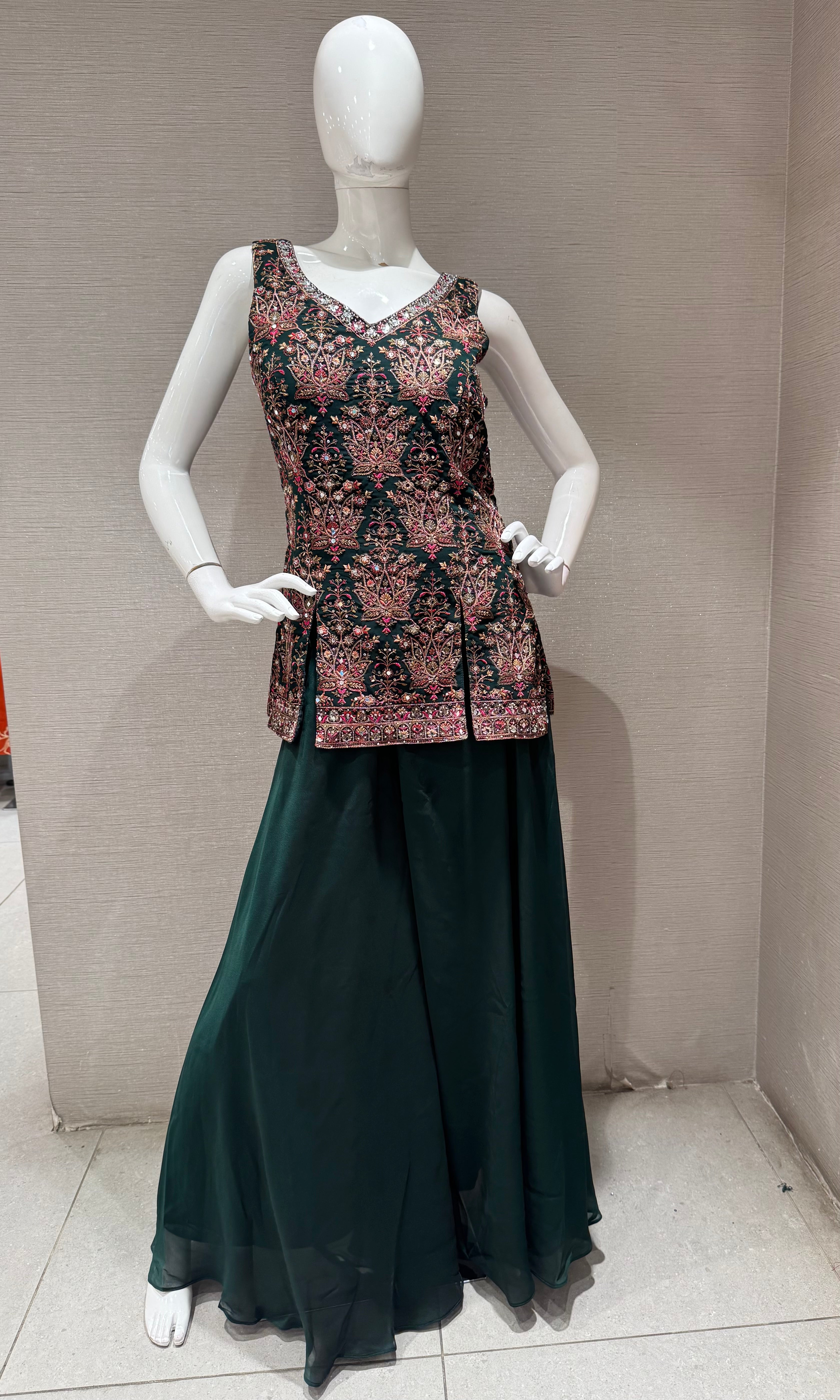 Bottel Green Floral Embroidered Palazzo set