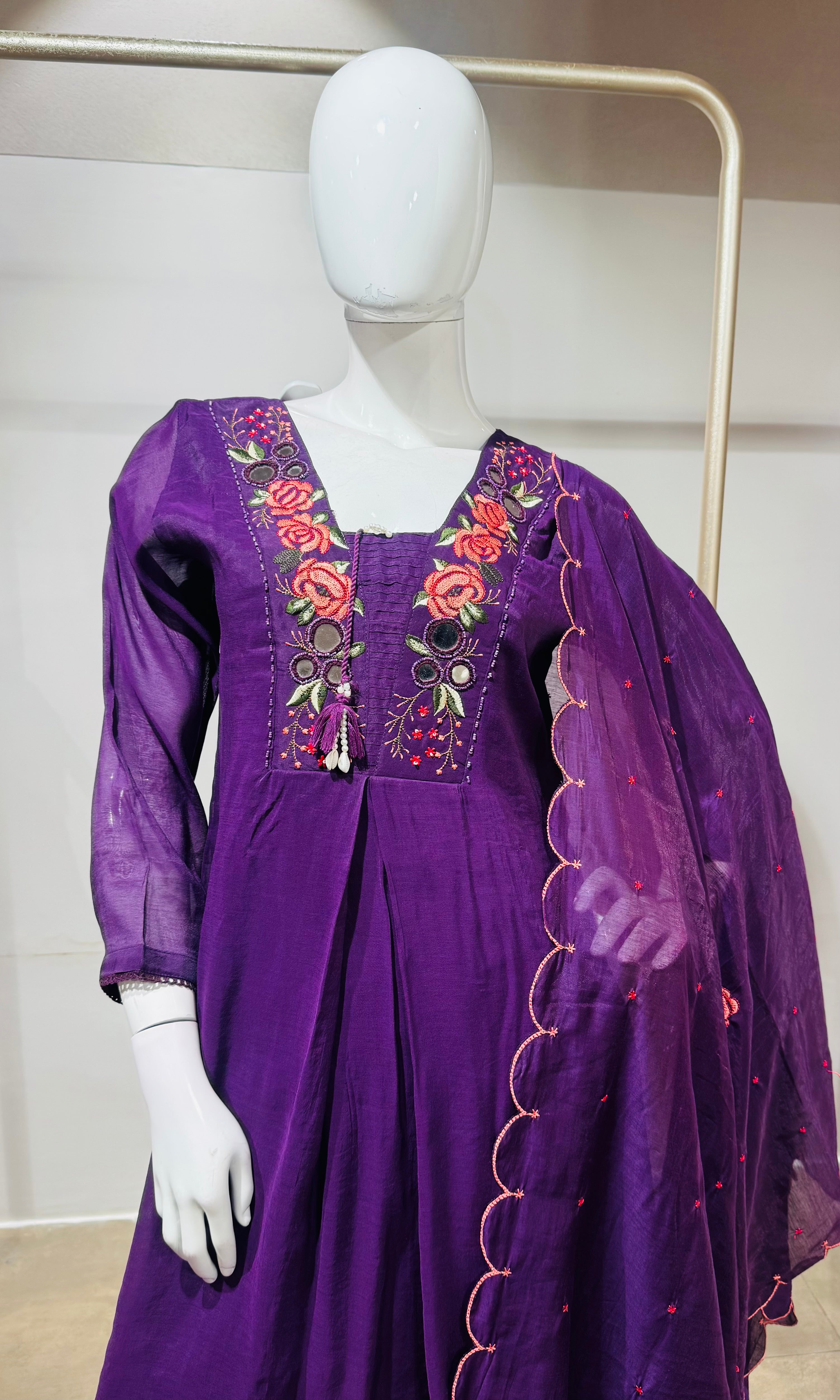 Wine Ethnic Kurta Set with Multicolored Neckline