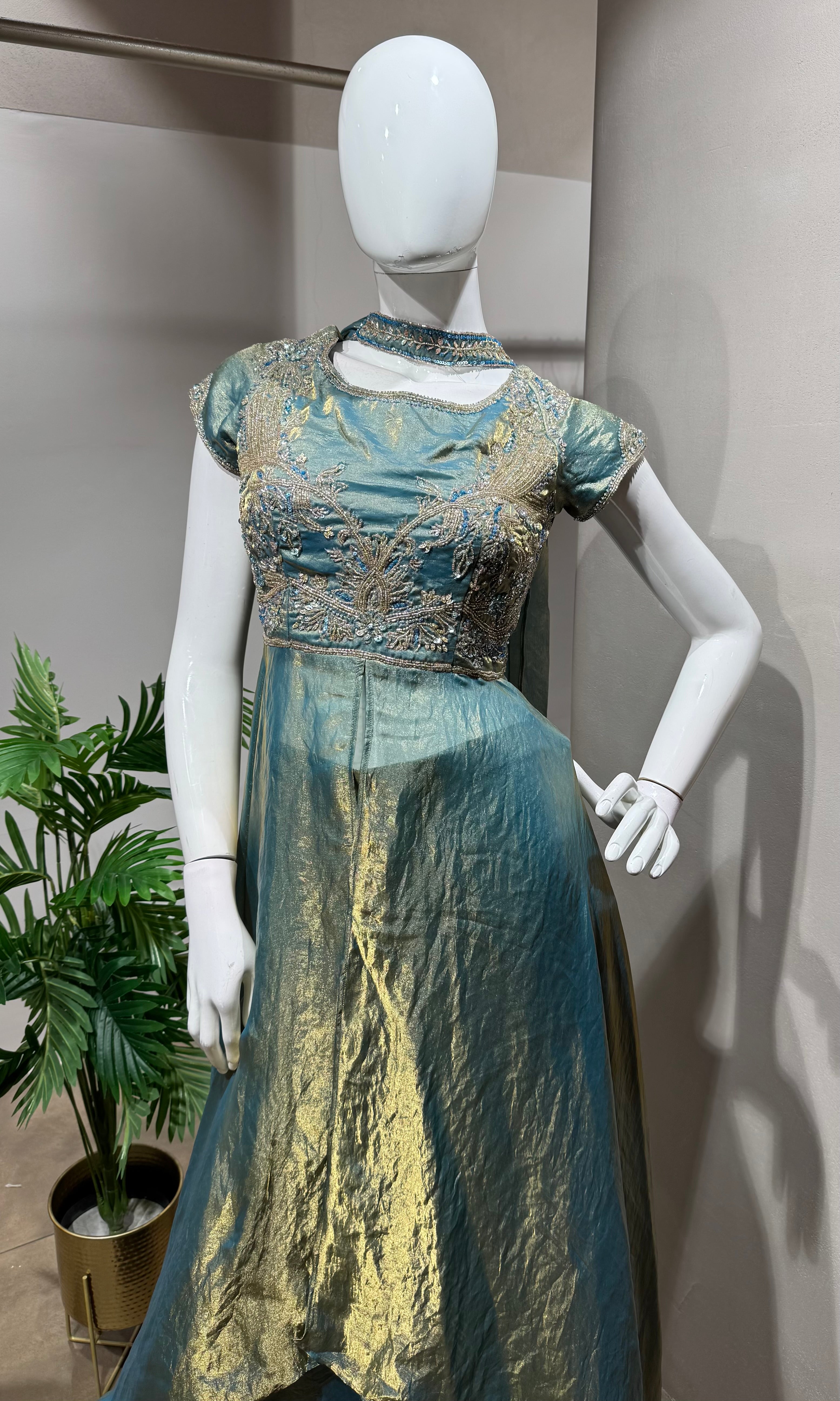Blue Teal Shimmer Tissue anarkali Palazzo Set