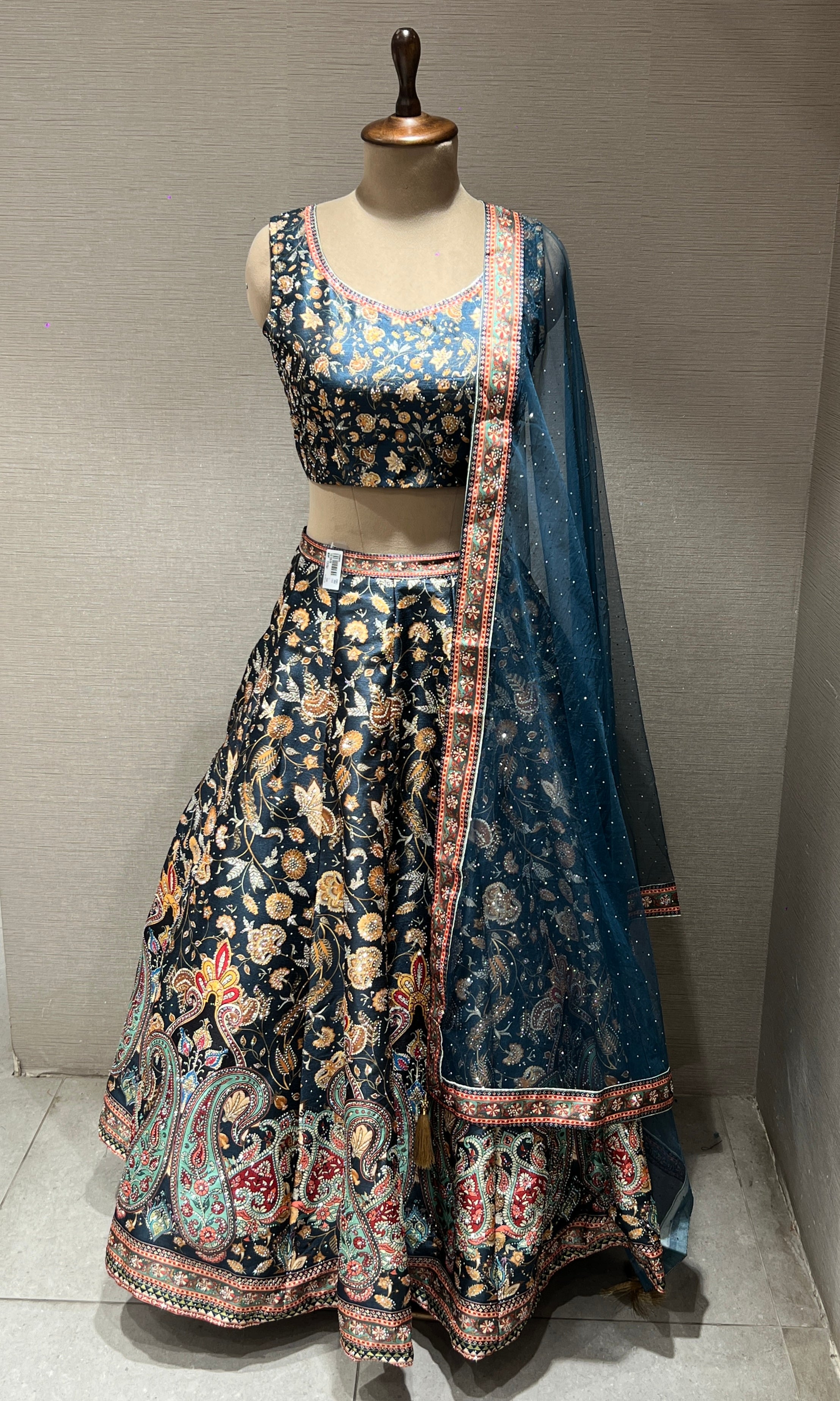 Peacock blue floral embroidered lehenga