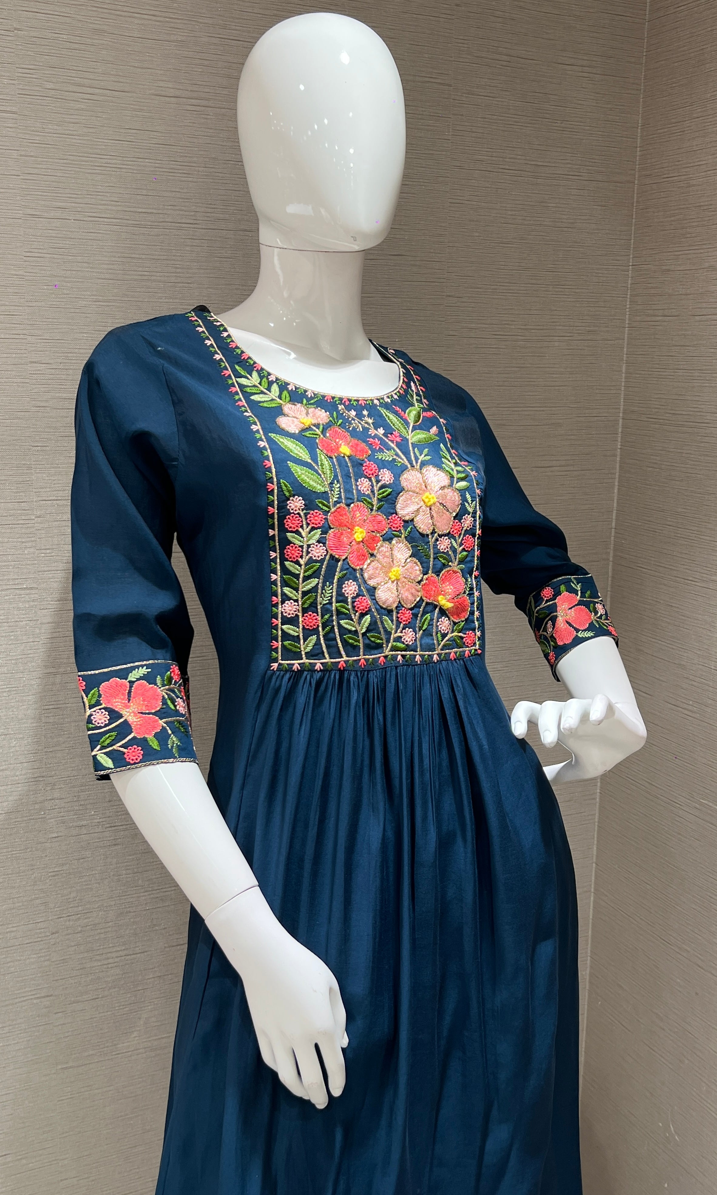 Blue Floral Embroidery Mul Chanderi kurta set