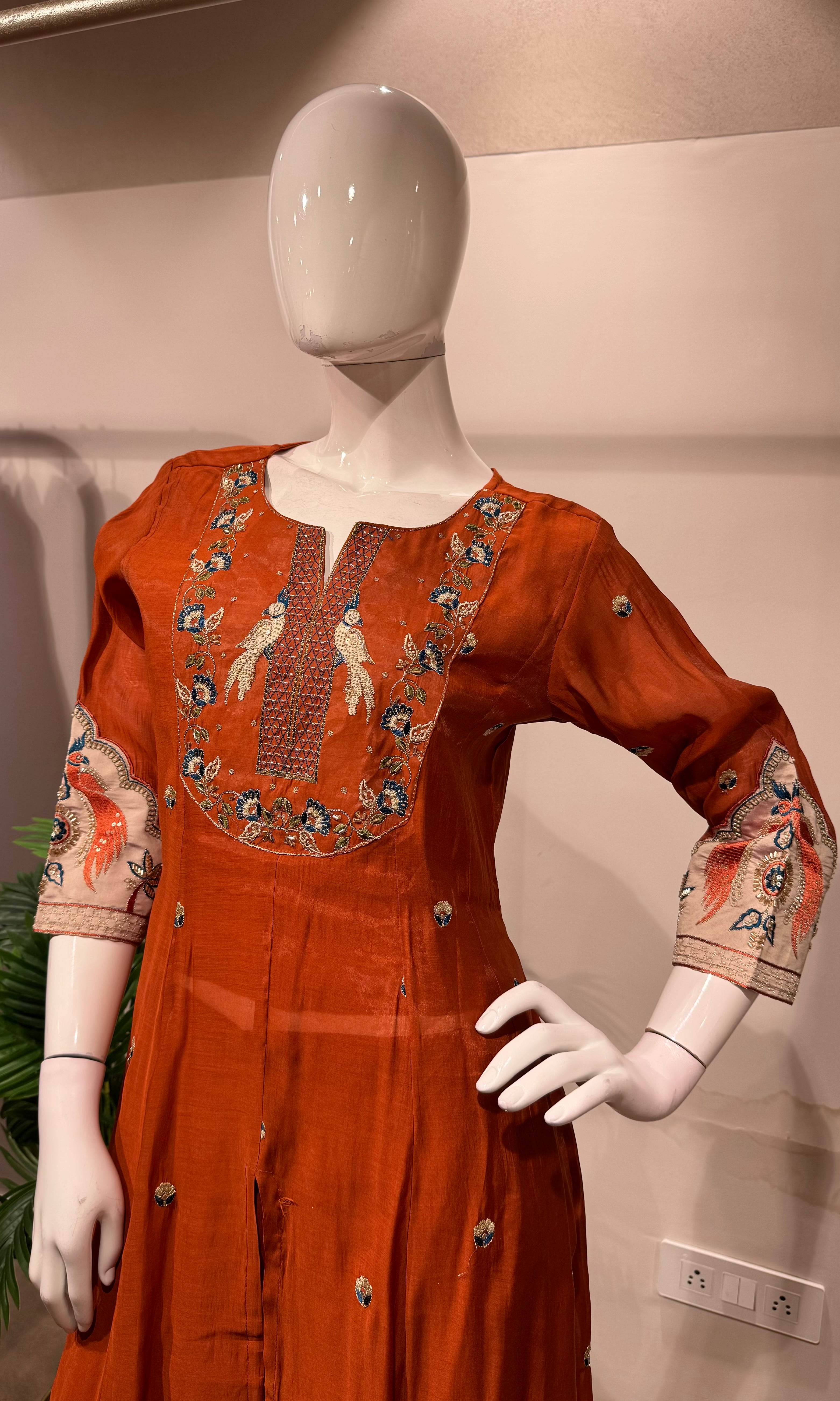 Rust embroidered Anarkali with palazzo pants