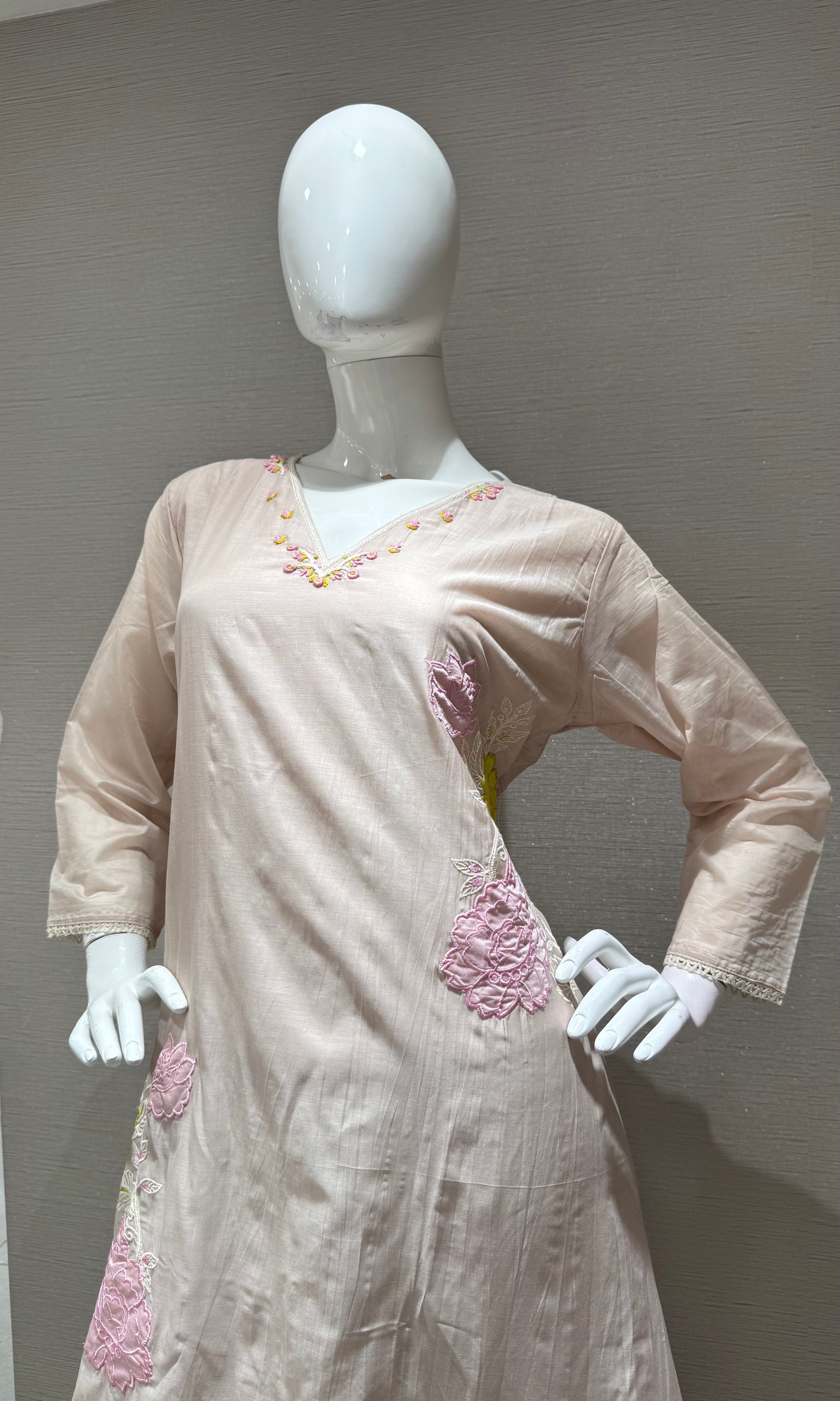 light beige kurta set with pink & yellow floral embroidery