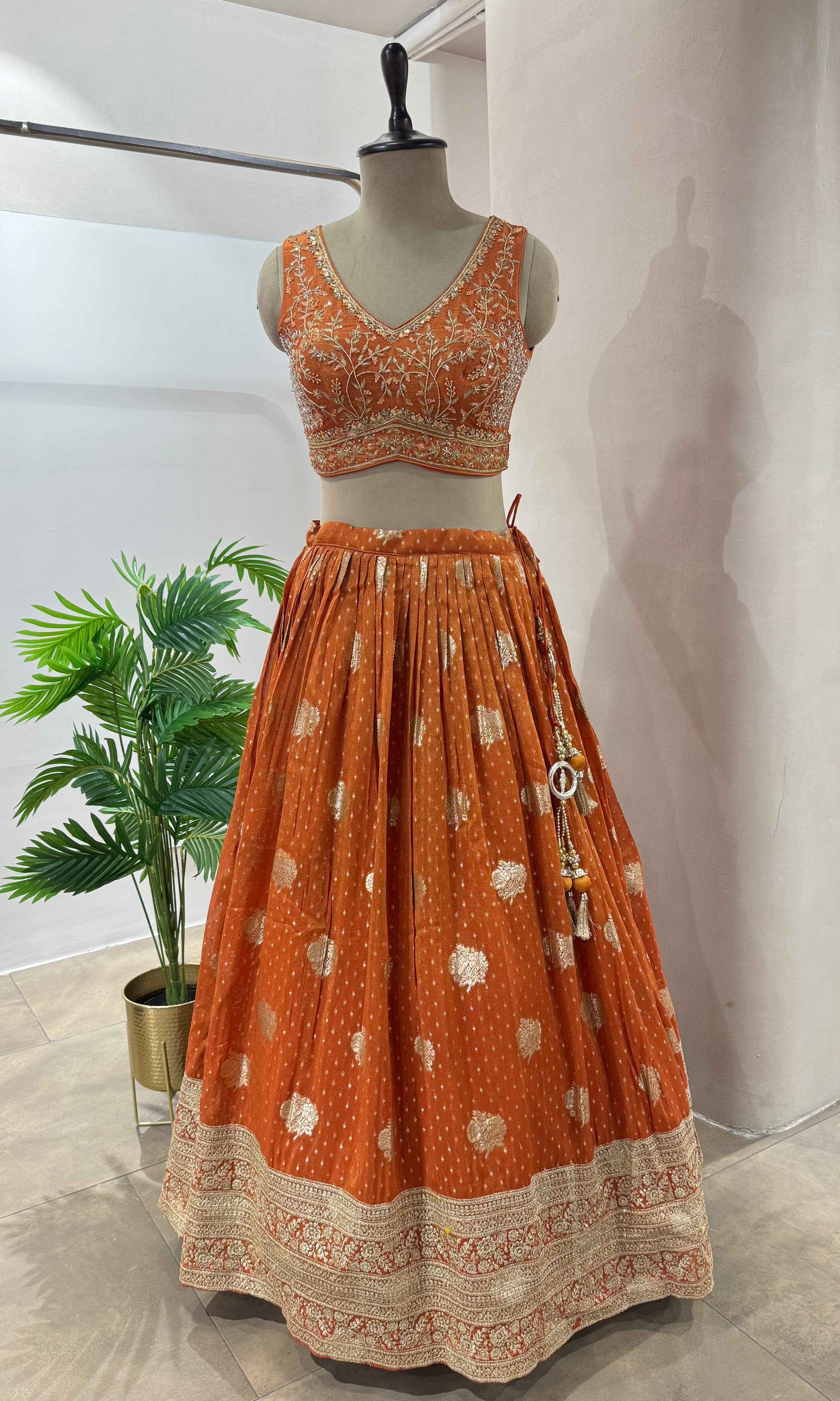 RUST GOLDEN LEHENGA WITH STRIPED DUPATTA