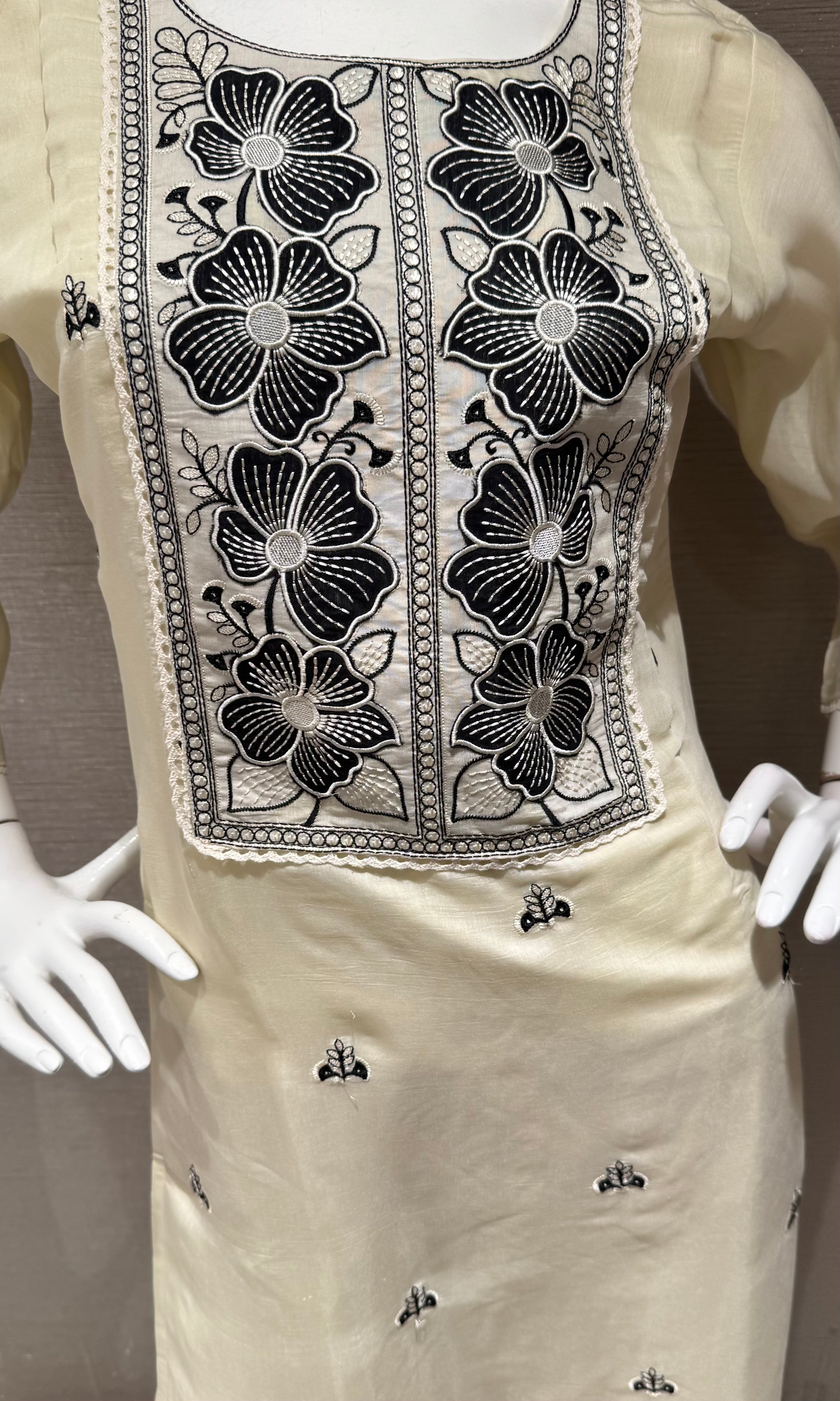 Cream & Black Embroidered Kurta set