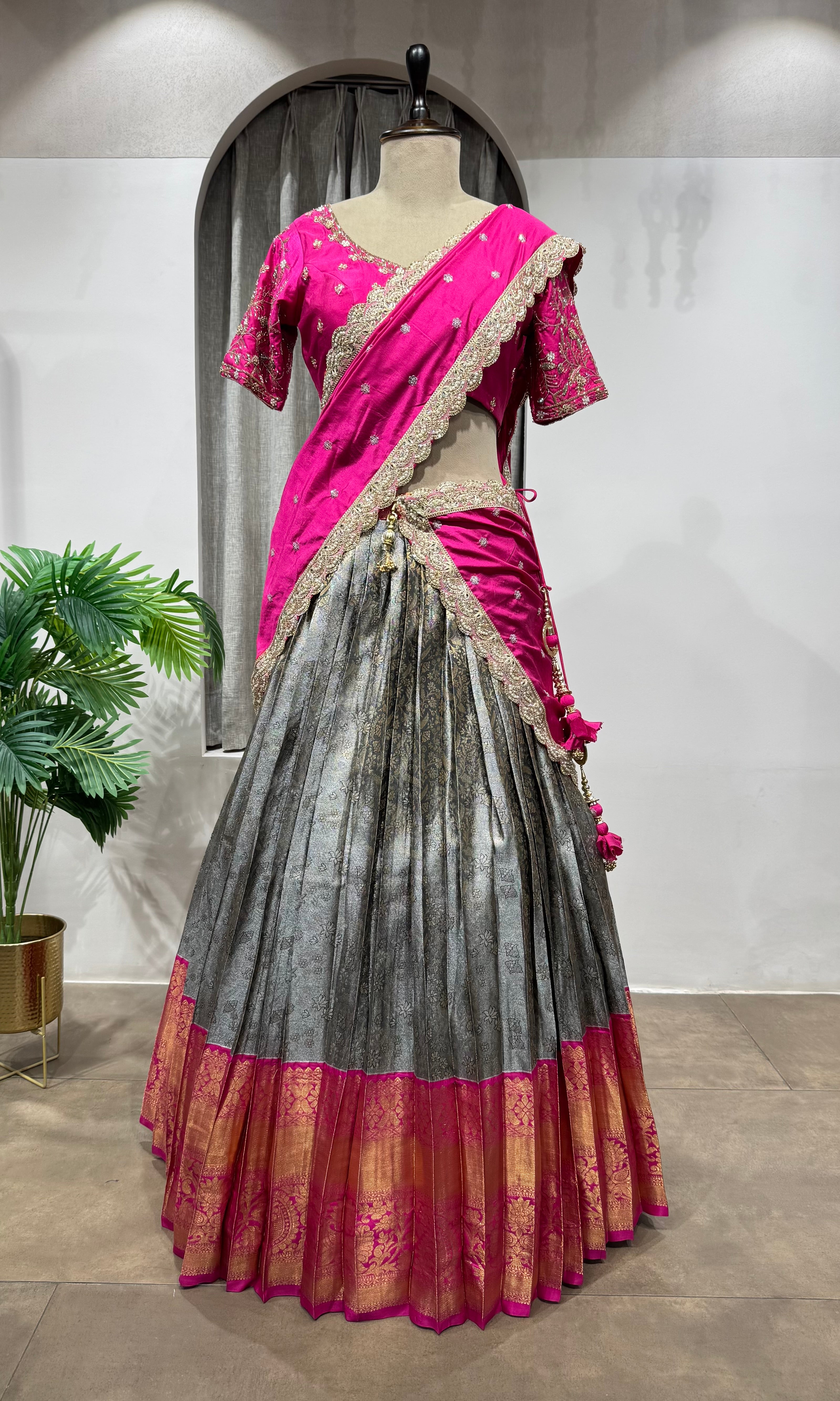 PINK AND GREY KANJIVARAM PATTU LEHENGA