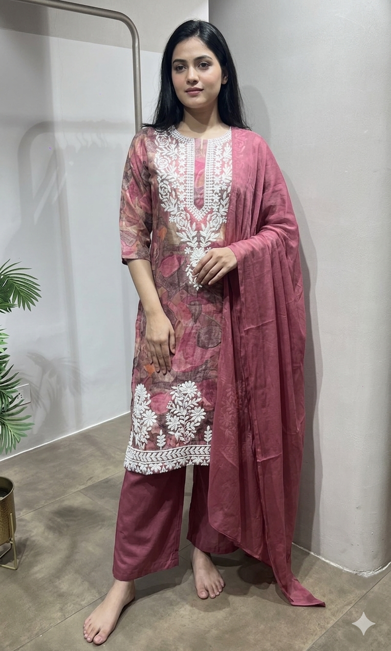 Pink intricate white floral embroidery kurta set