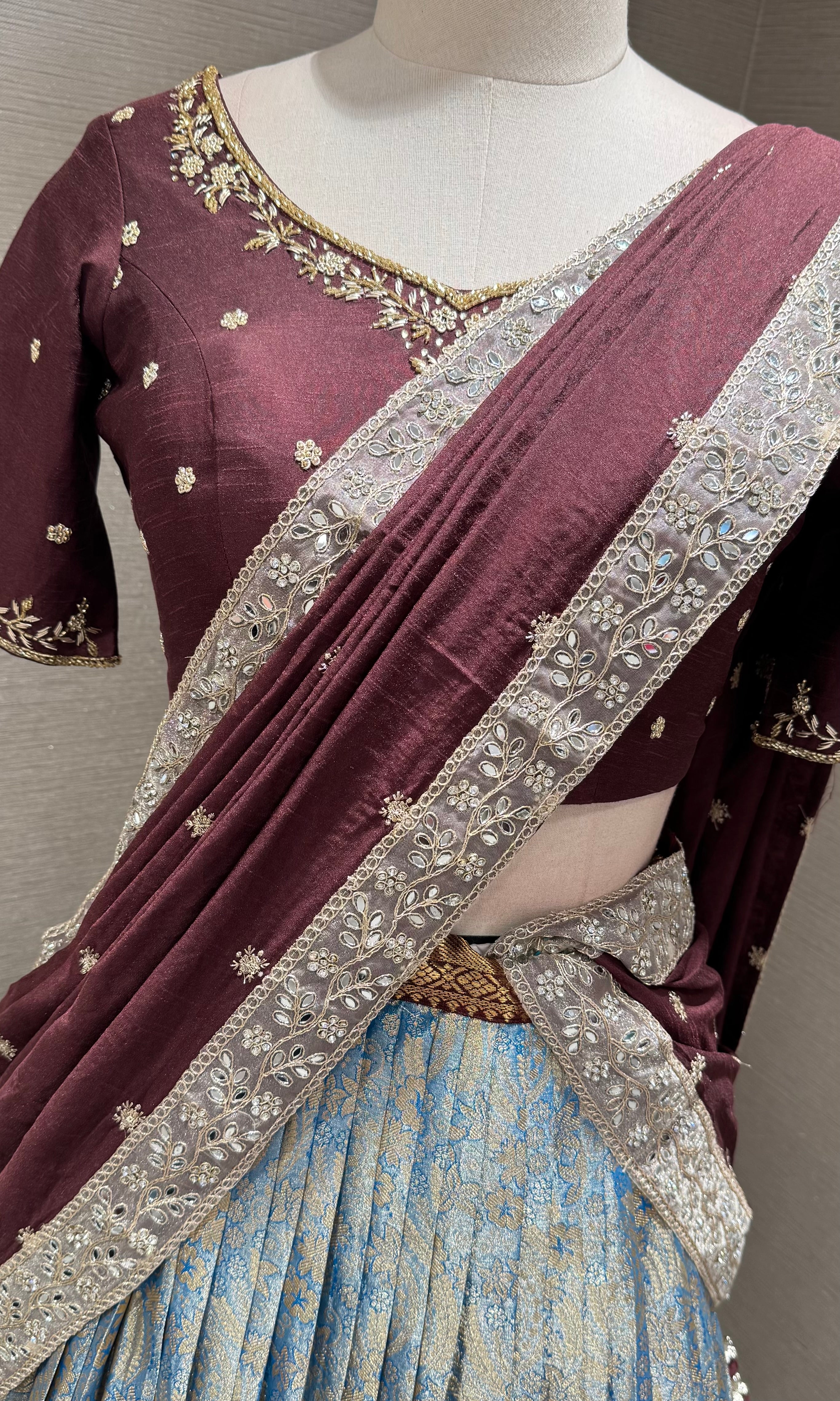 BLUE BANARASI PATTU LEHENGA WITH EMBROIDERED BLOUSE