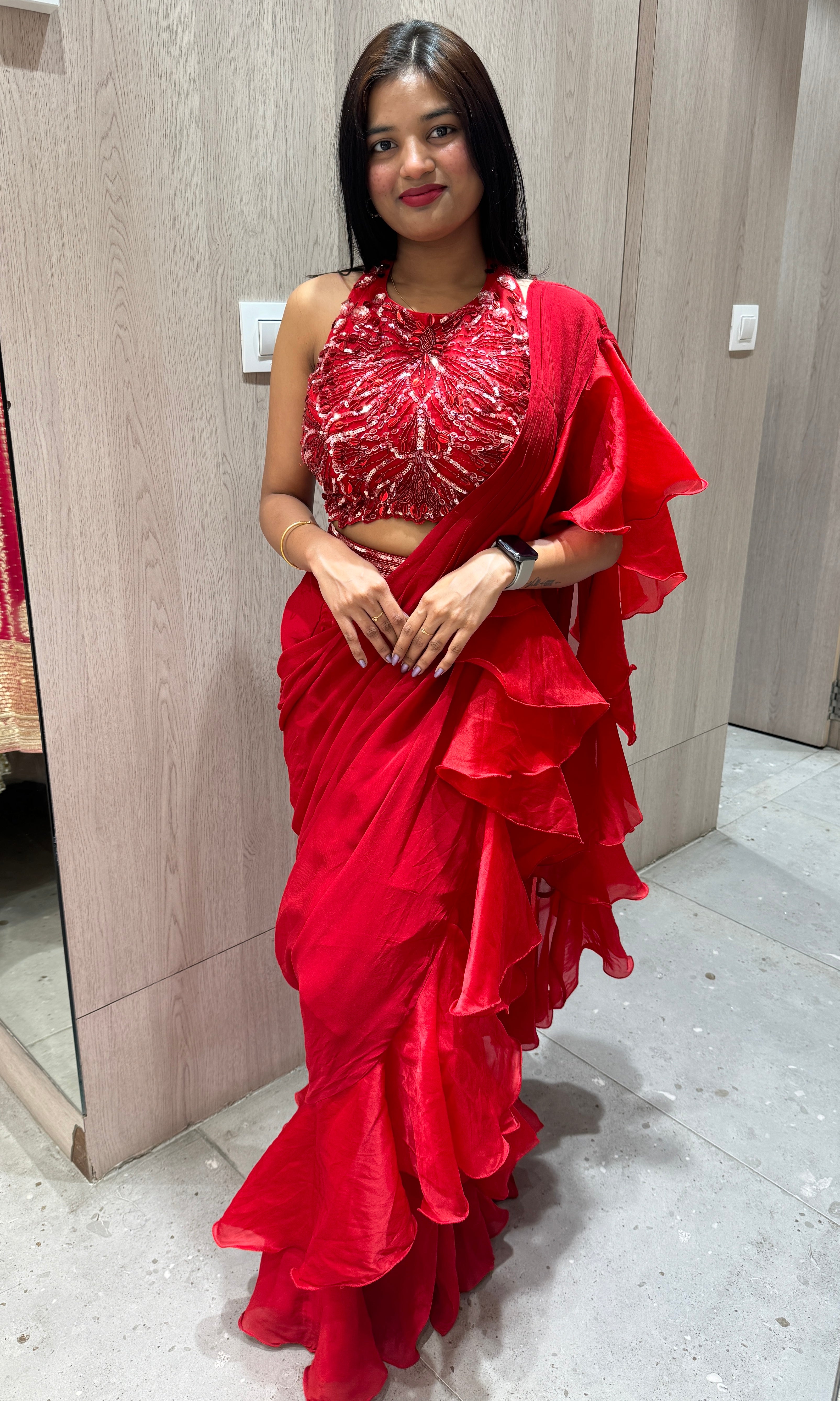 Red Ruffle Drape Saree with Halter Blouse