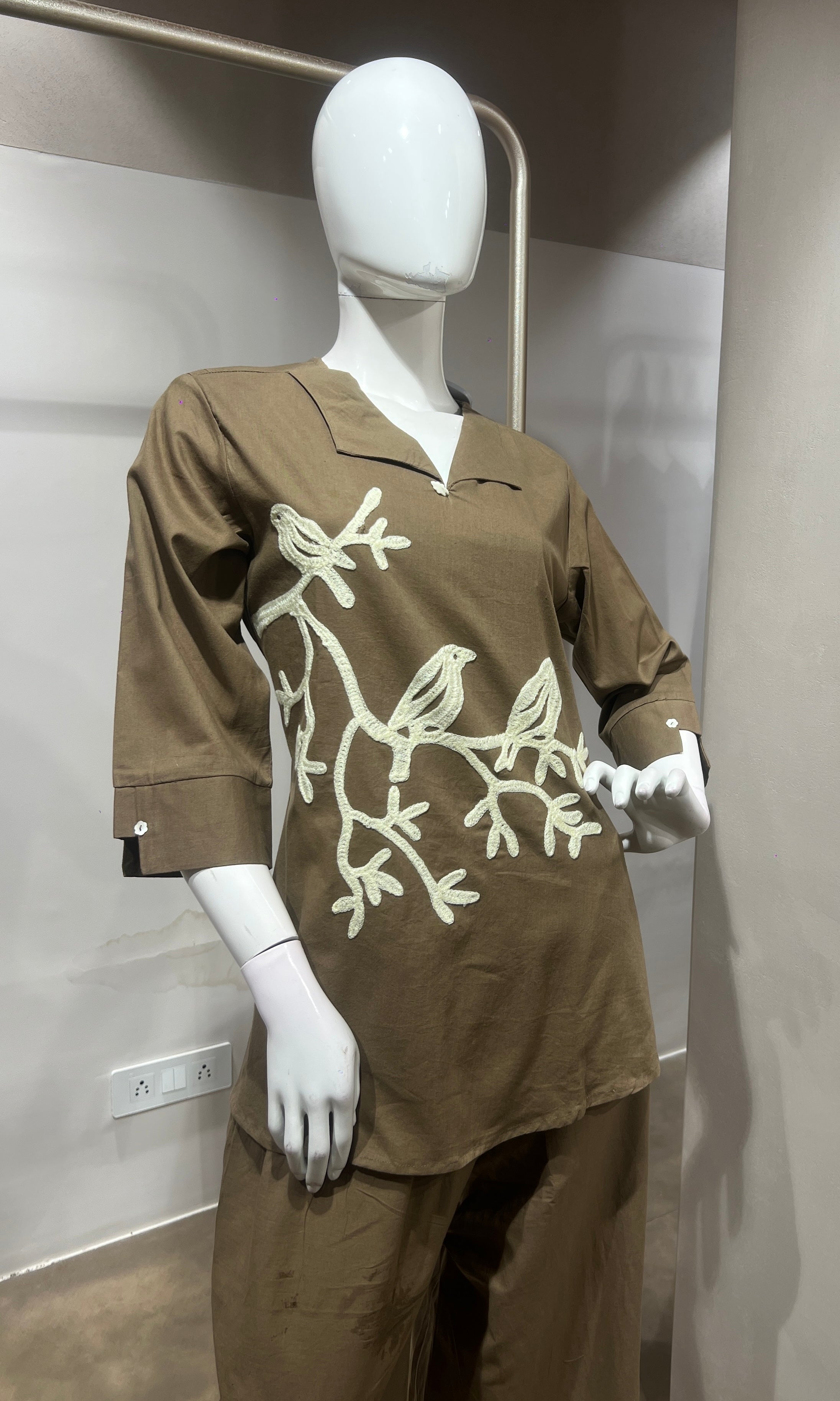 Brown Bird Print Tunic Cord set
