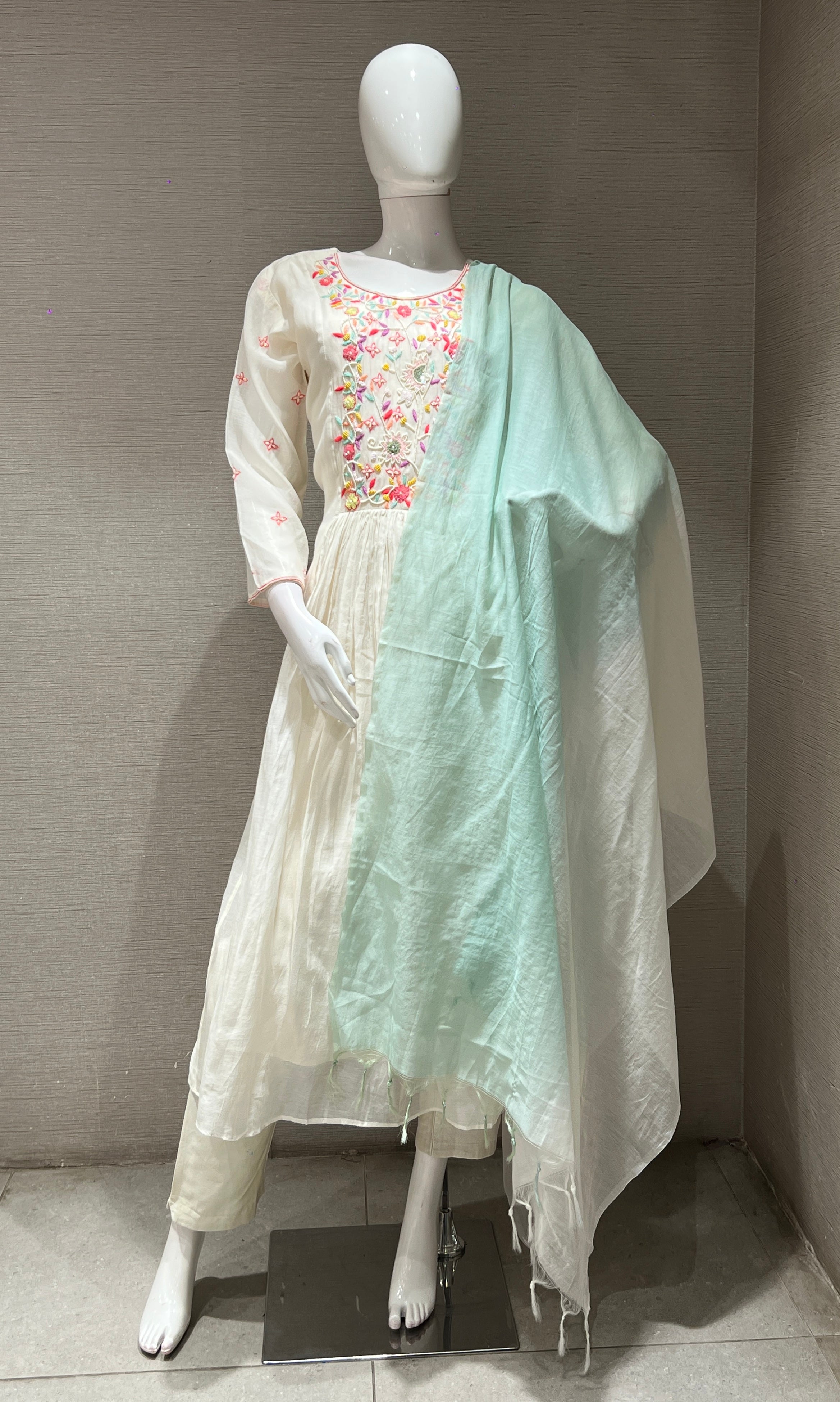 Half white floral work mul chanderi kurta set