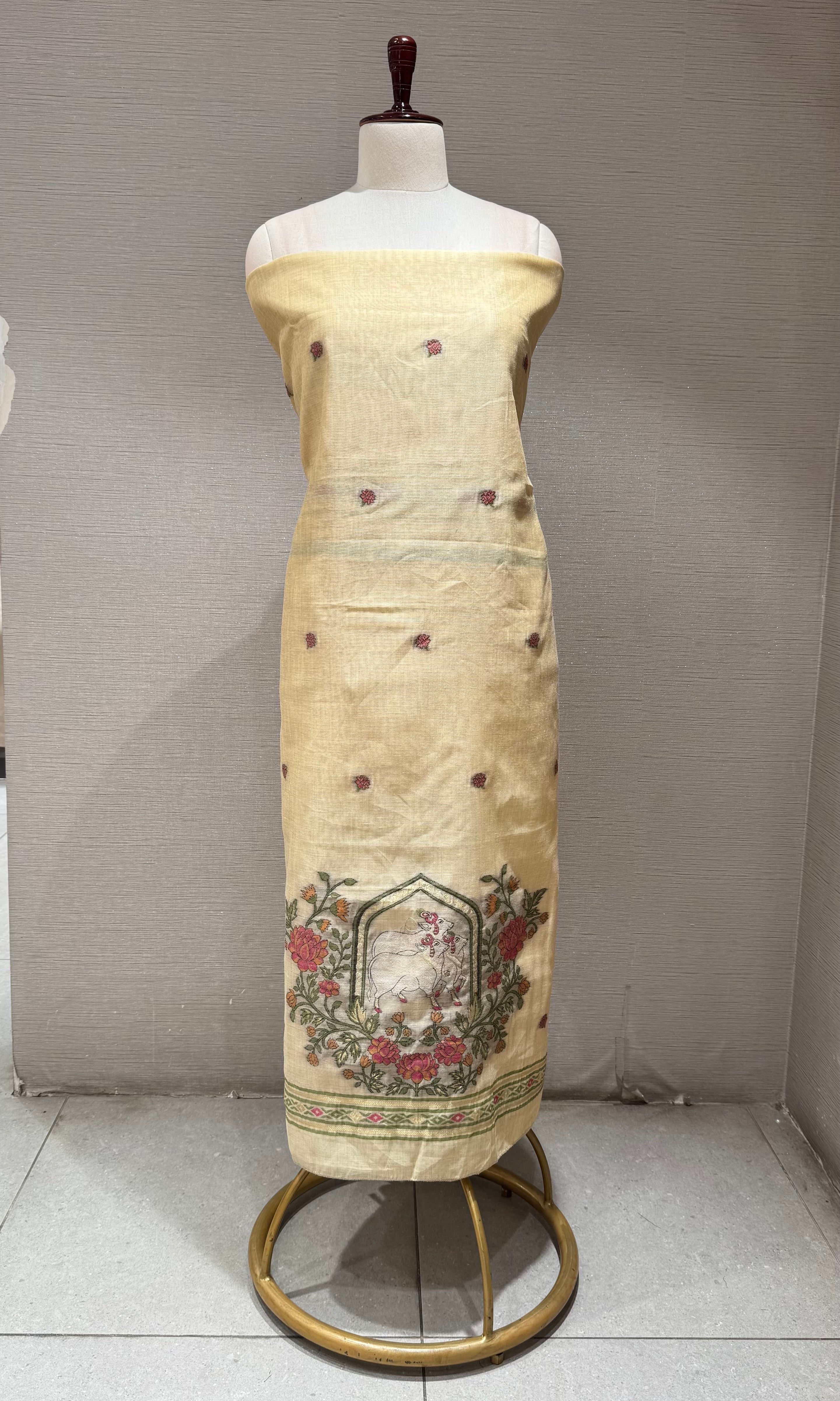 Cream floral embroidery dress material
