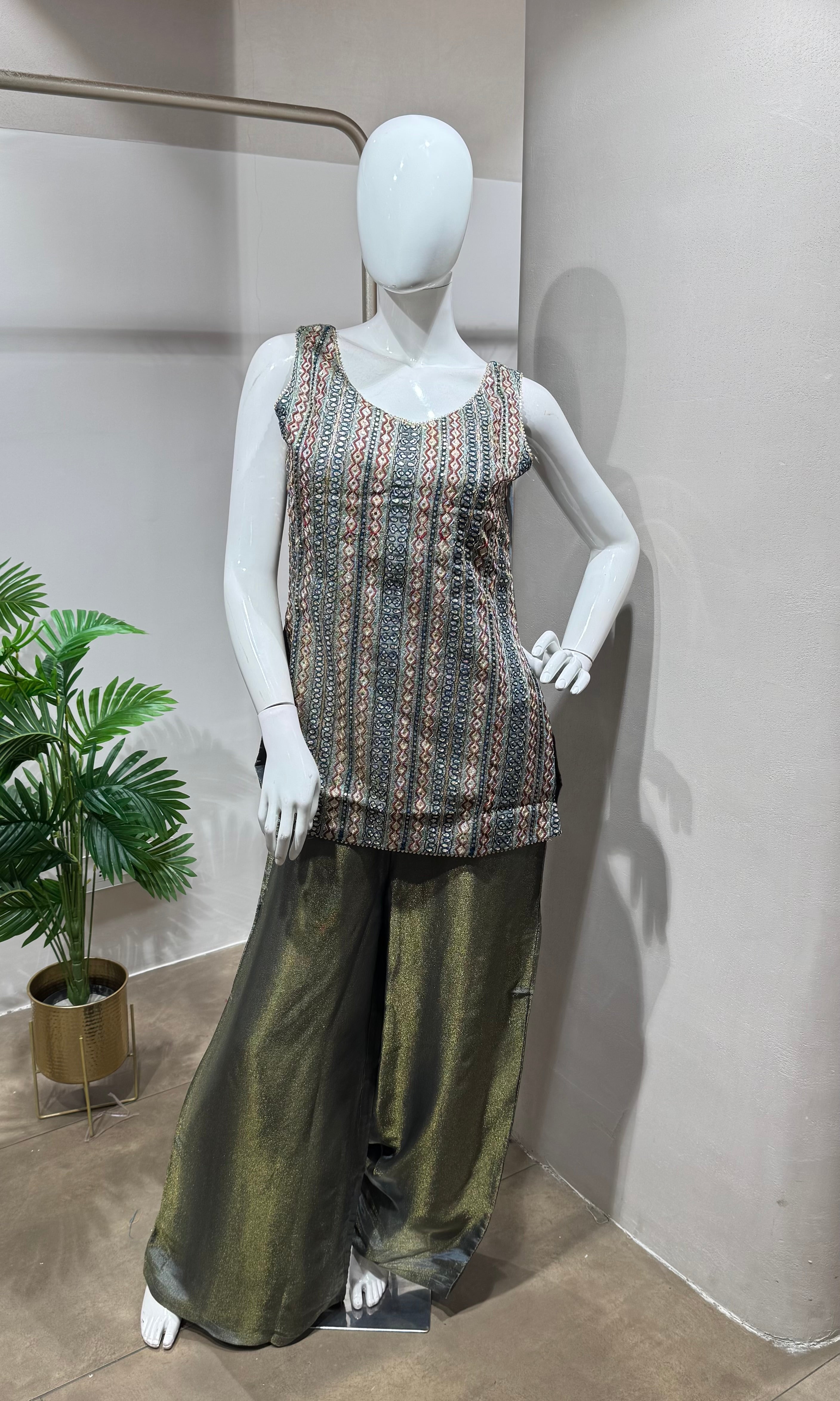 Grey Sleeveless Kurti & Flared Palazzos