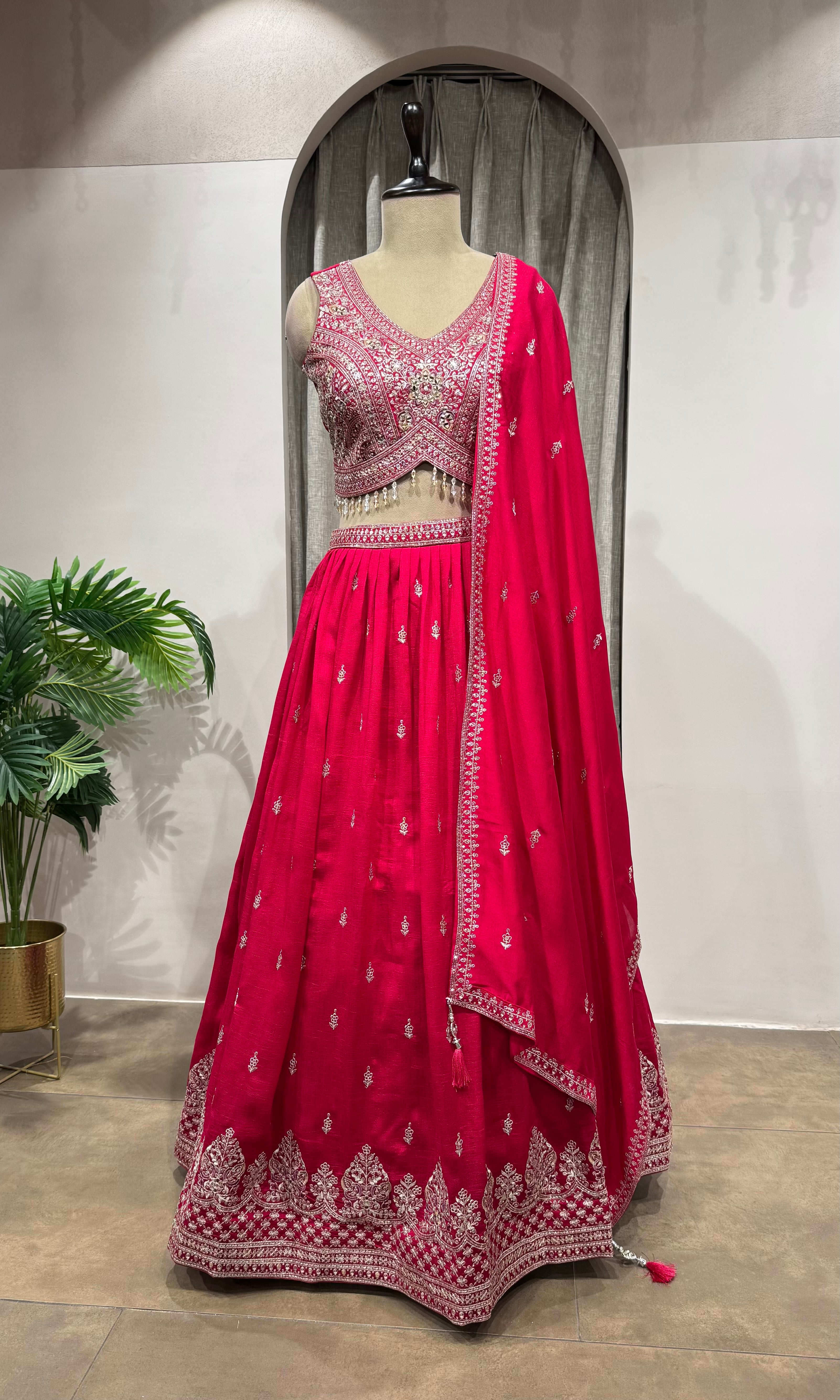 pink raw silk embroidered lehenga set