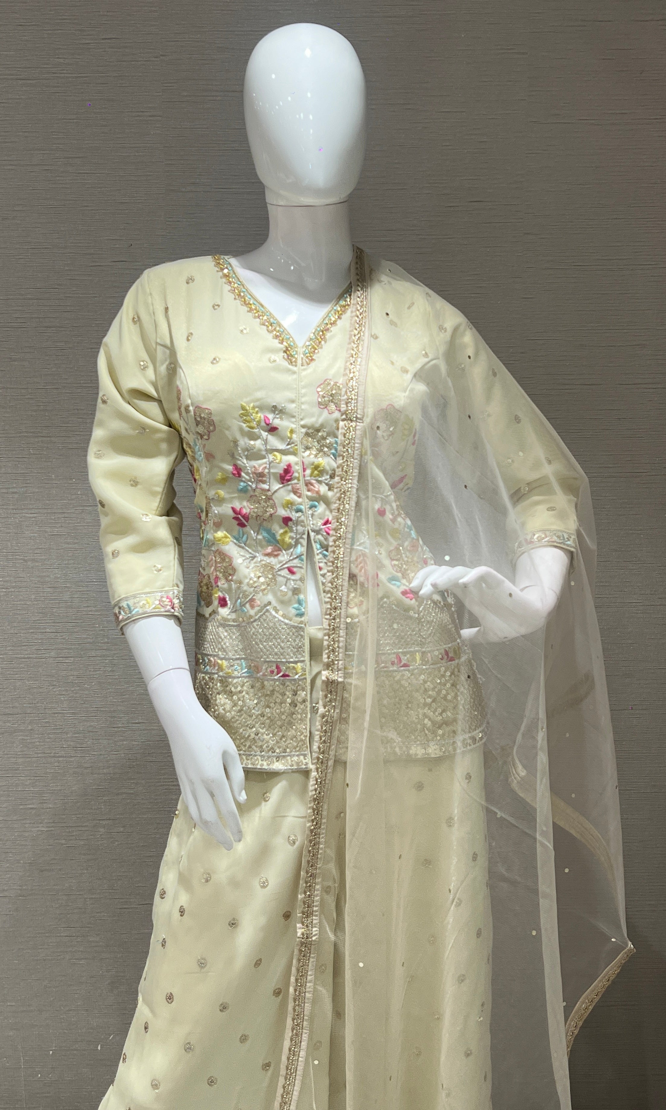 Off white Floral Embroidered Palazzo set