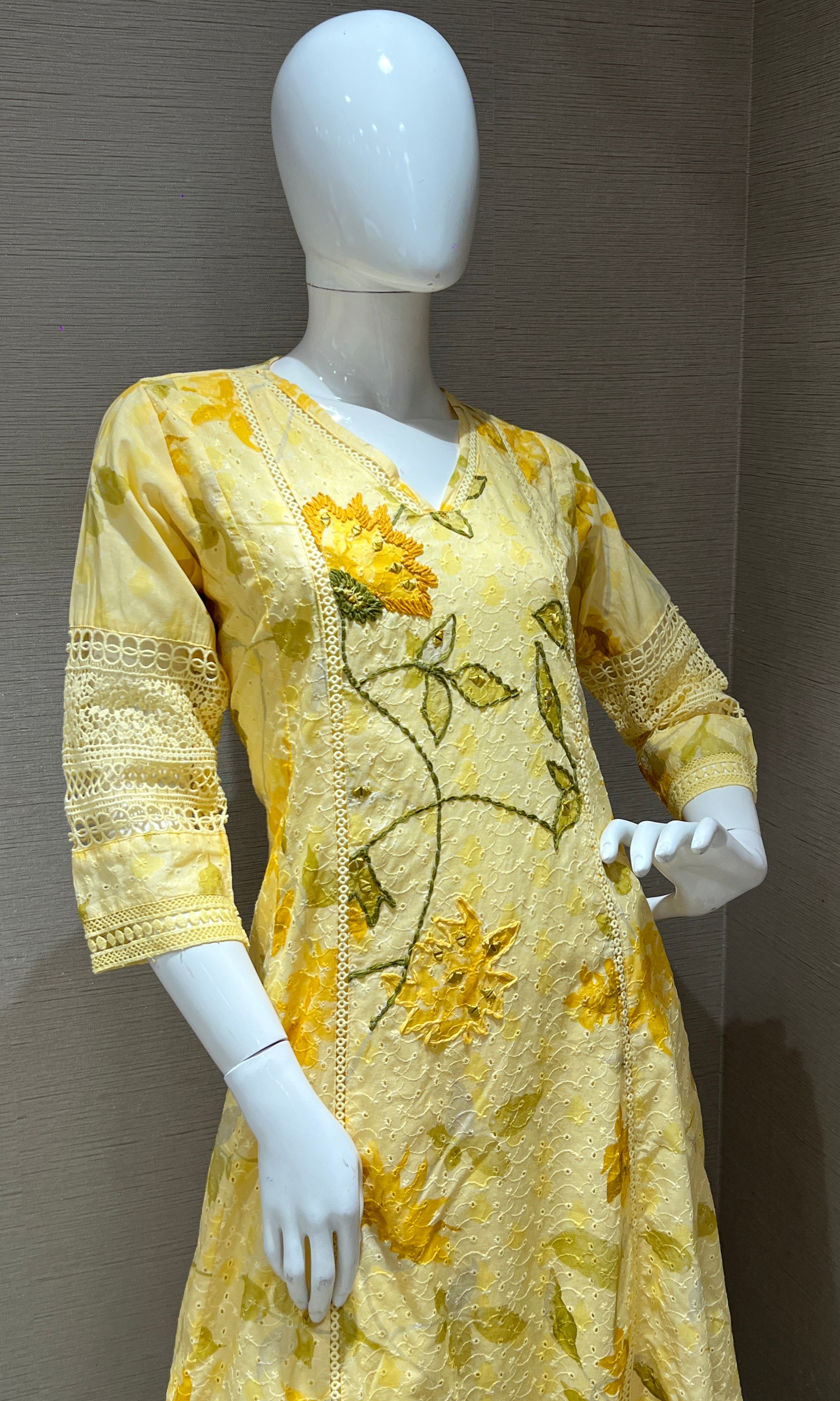 Yellow floral kurta with wide leg pants