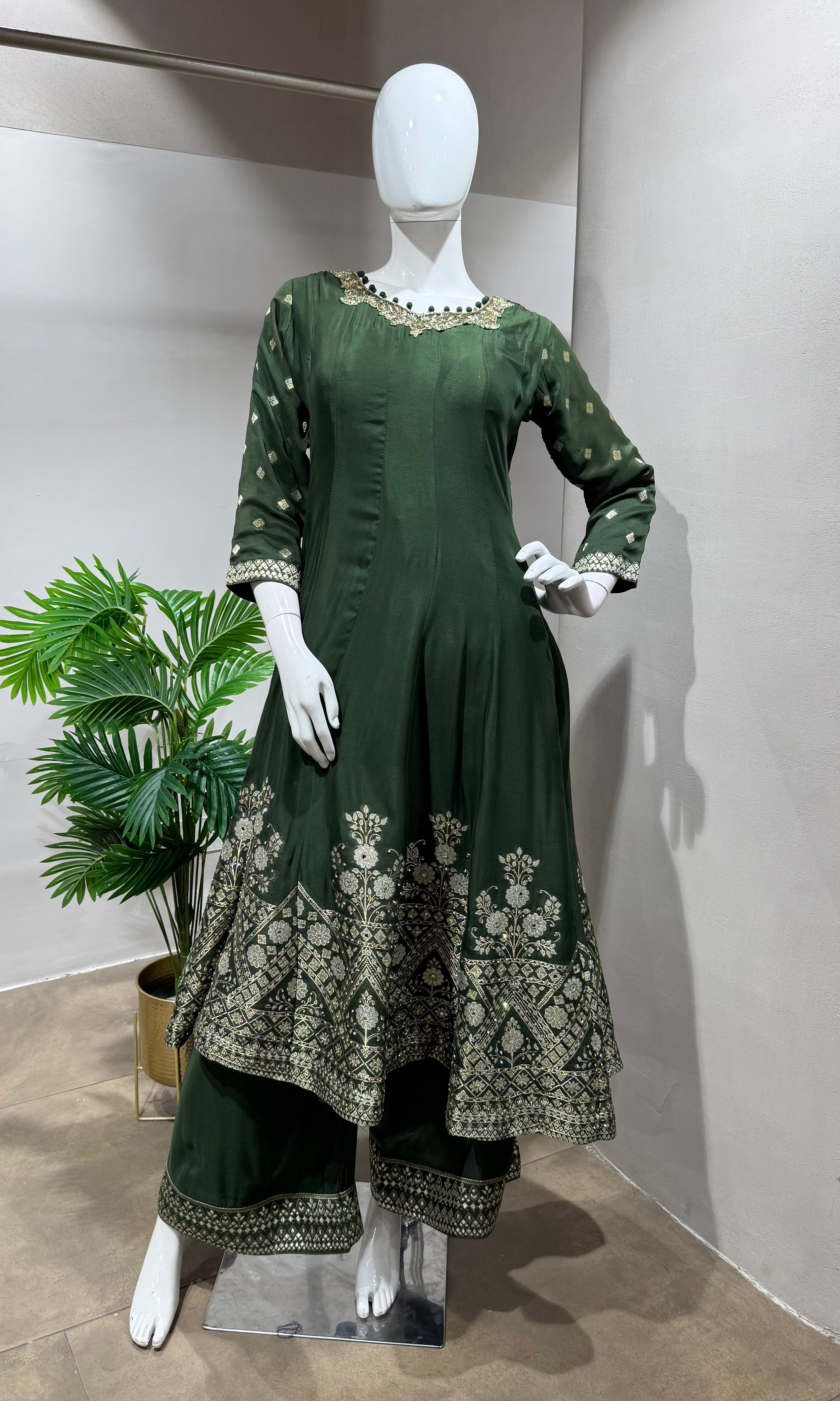 BOTTLE GREEN ANARKALI WITH Palazzo PANTS