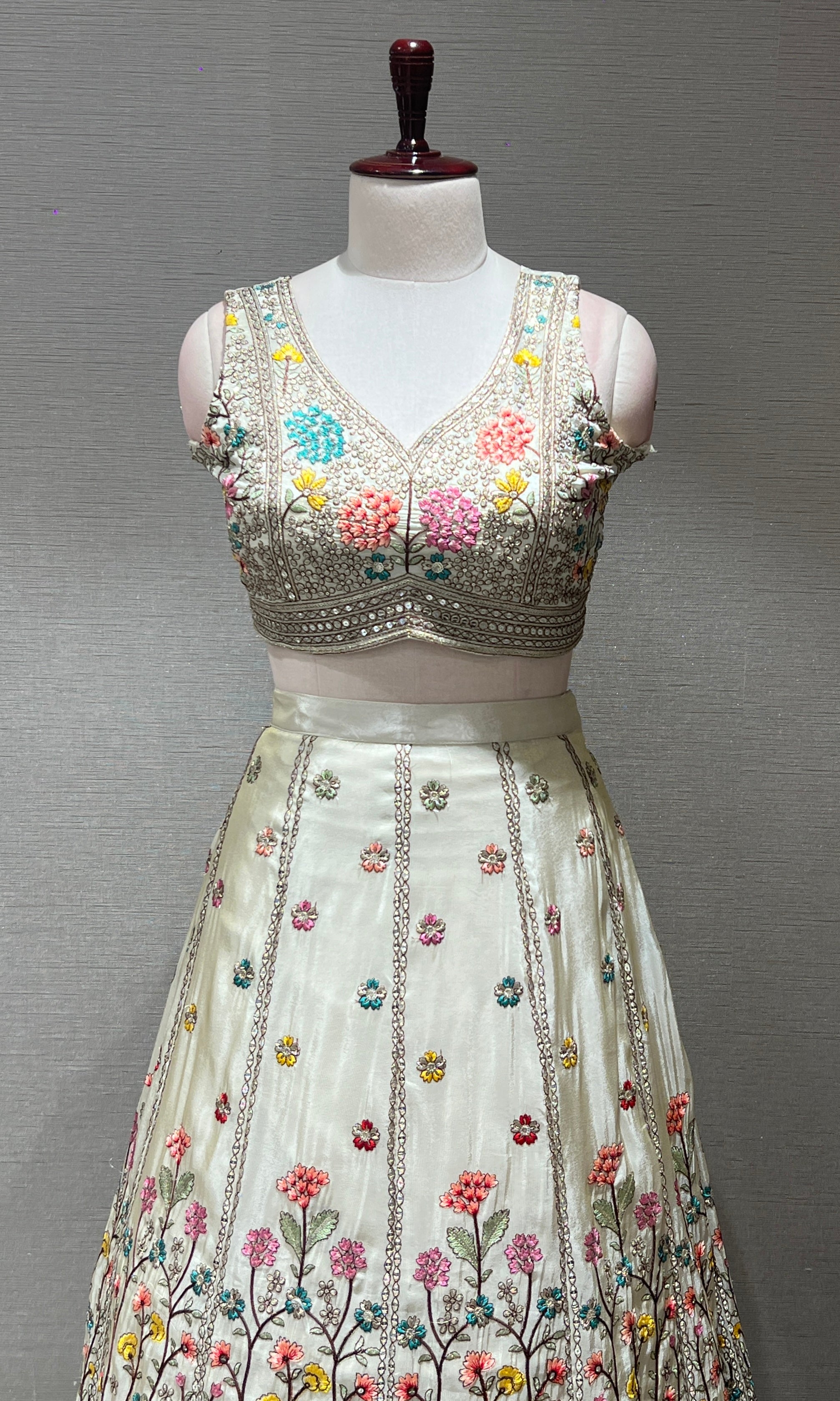 Half white floral embroidery Lehenga