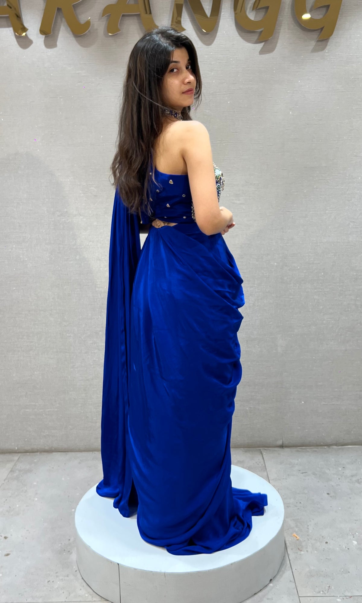 Royal blue draped saree with Crystals & Beadwork Halter blouse