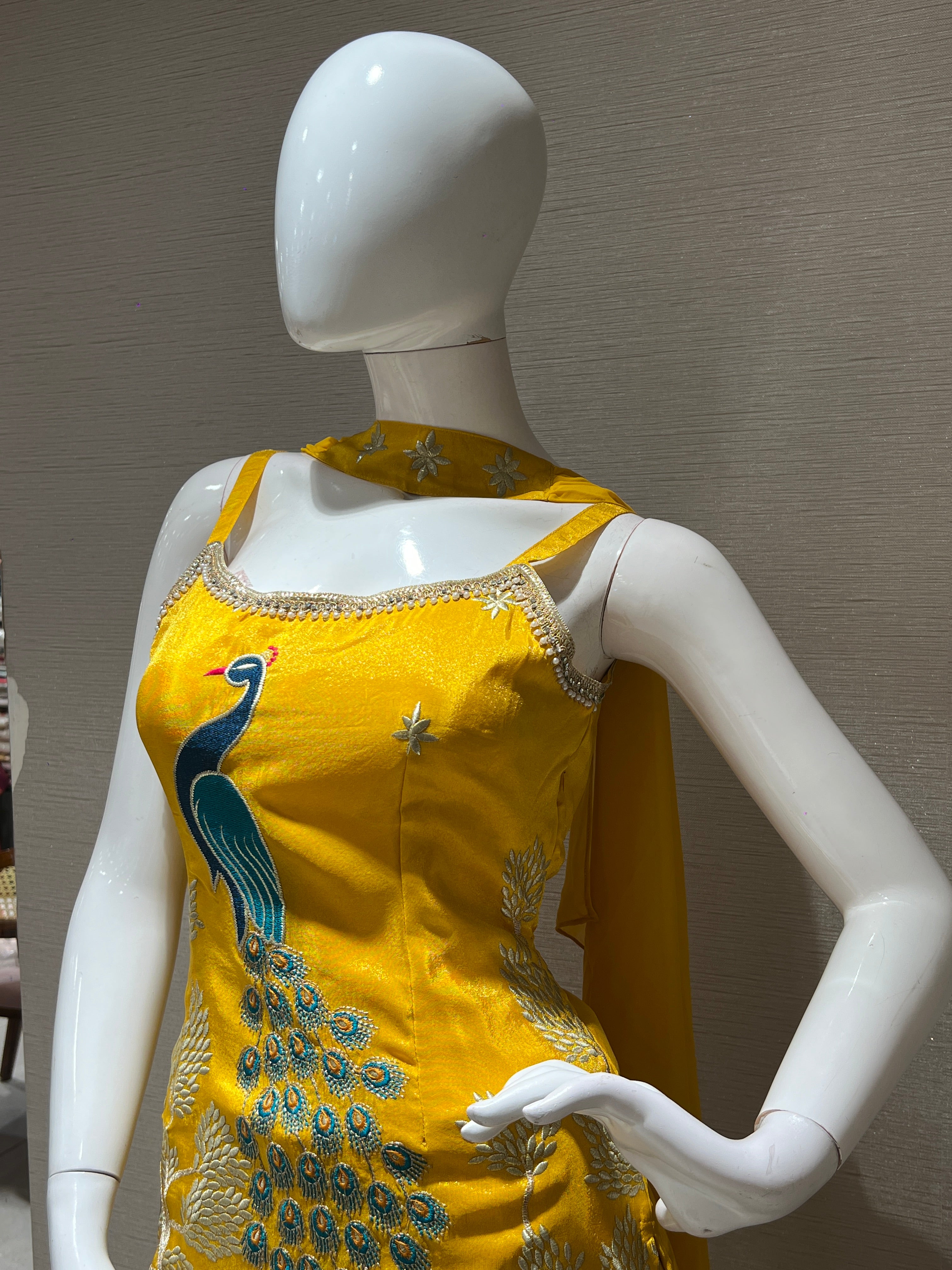 YELLOW PEACOCK EMBROIDERED PALAZZO