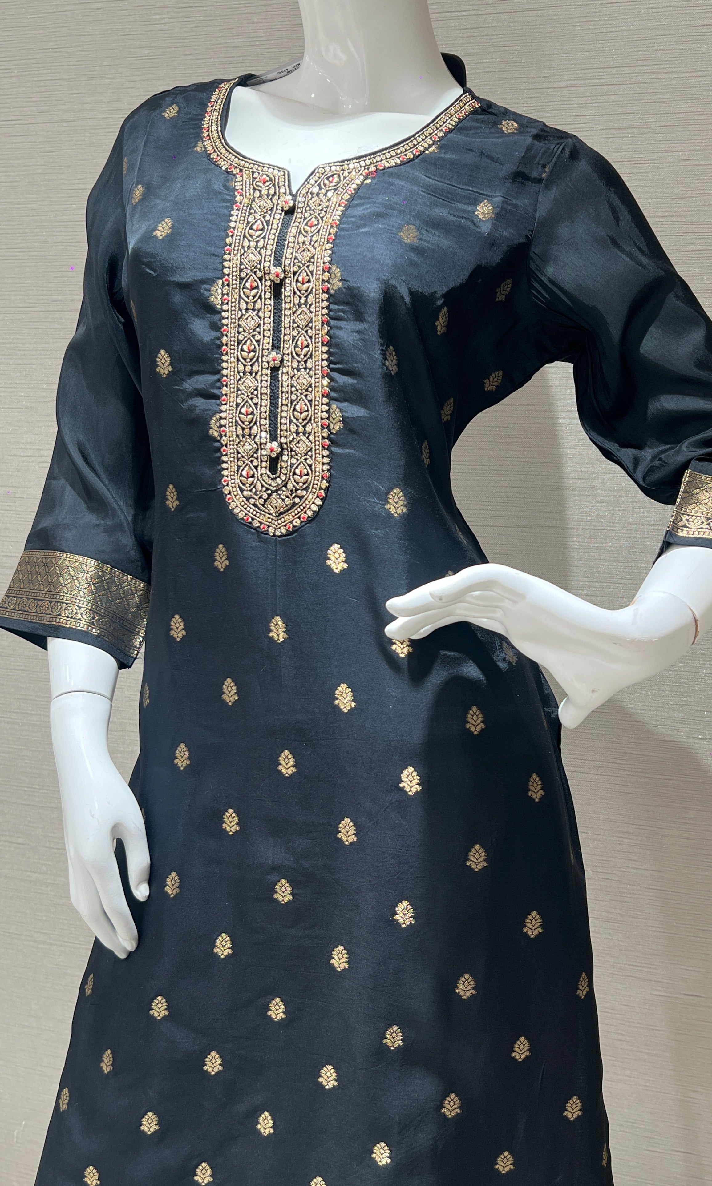 Black Embroidered Kurta Set with Floral Dupatta