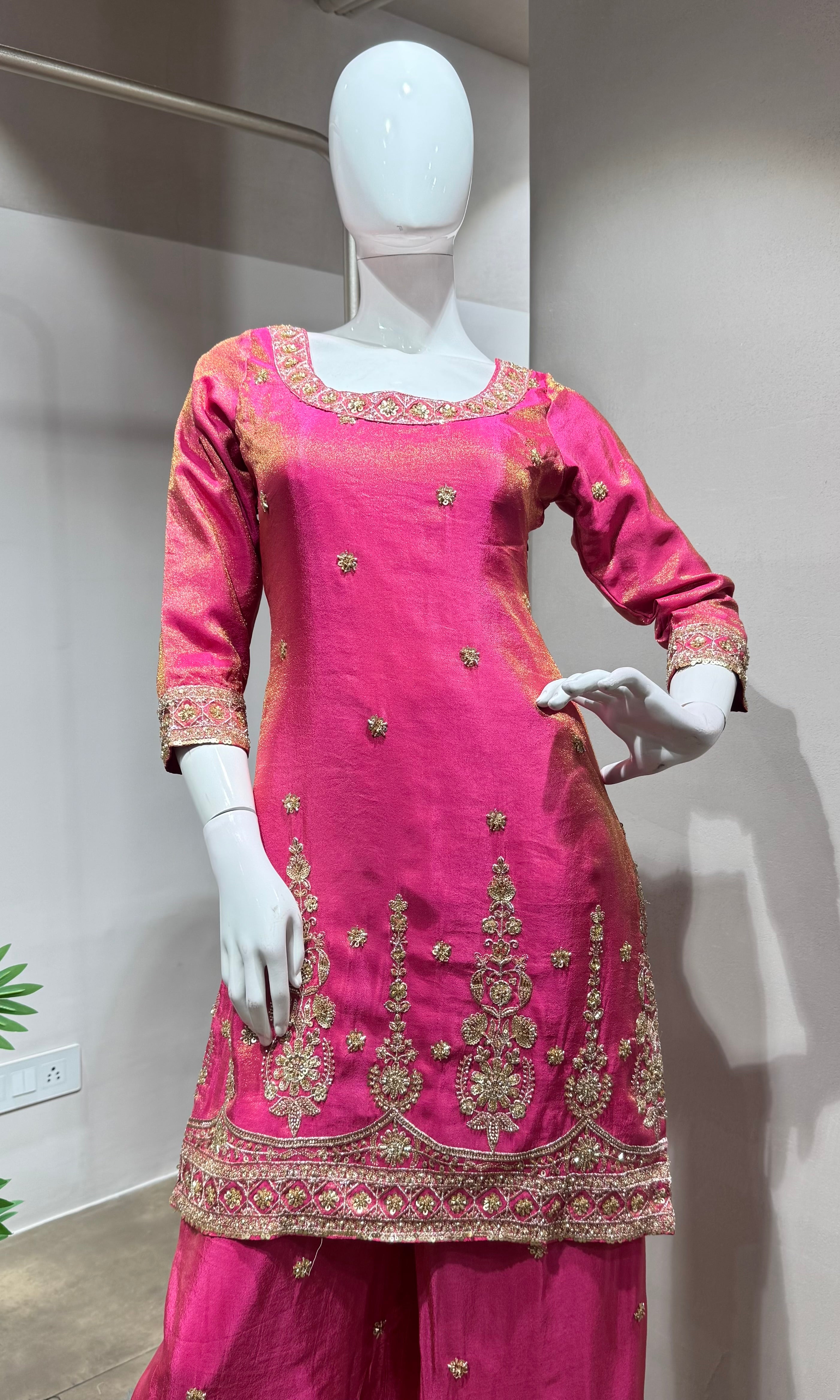 Pink gold zari work sharara set