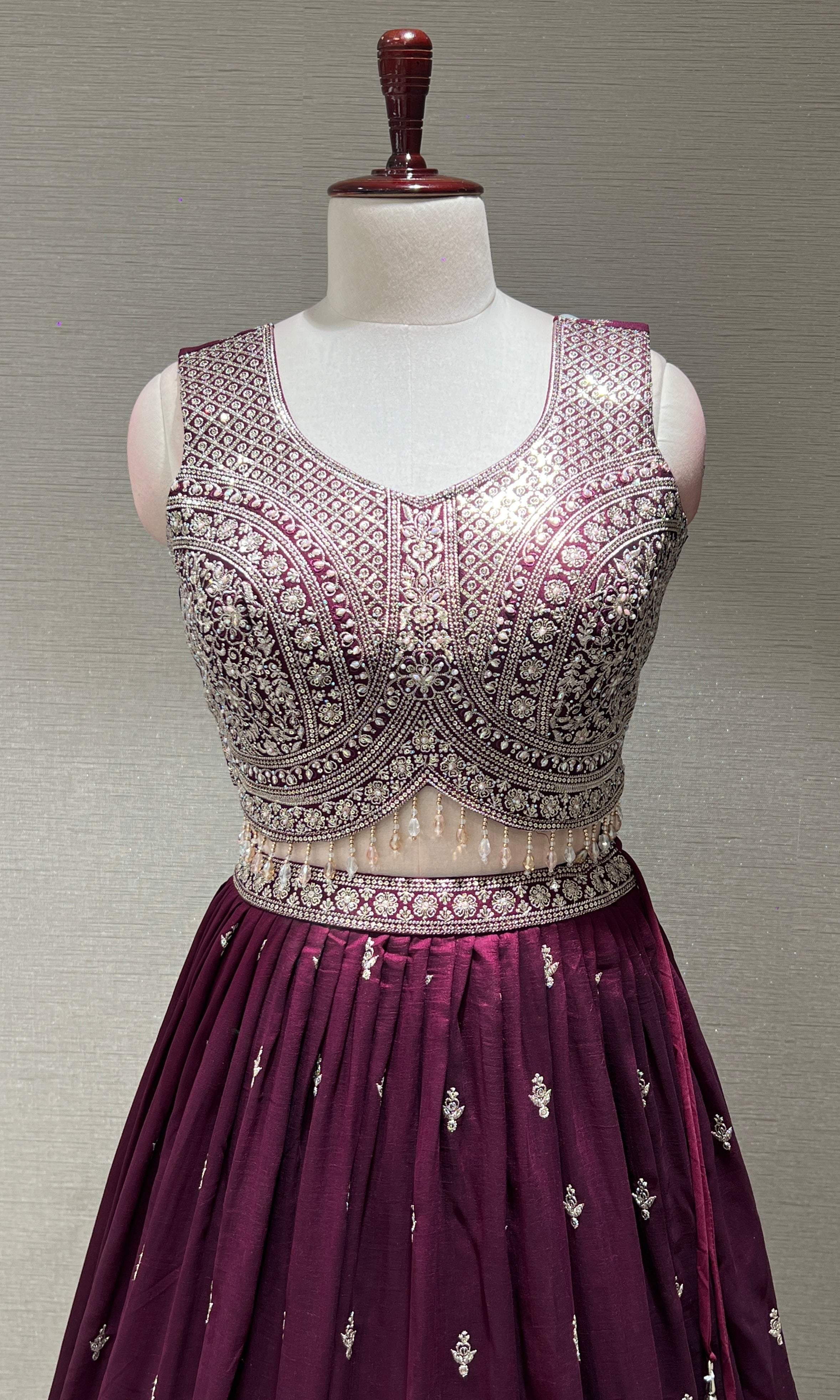 Wine Heavy Mirror Embroidered Lehenga