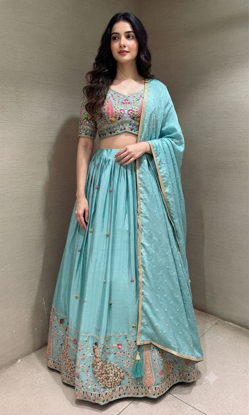 Mint Blue Embroidered Lehenga Set