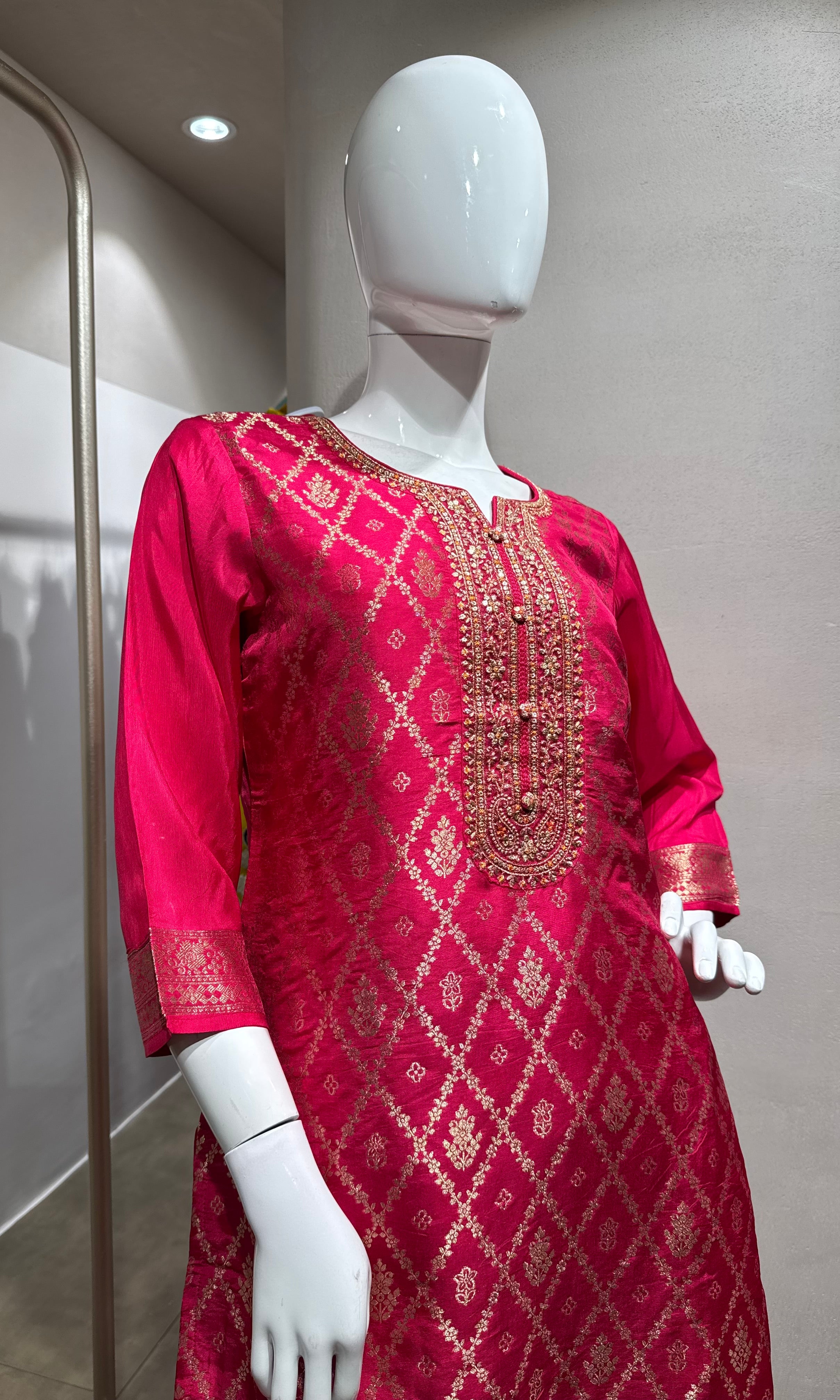 Pink Woven Design Silk KURTA Suit with Dupatta
