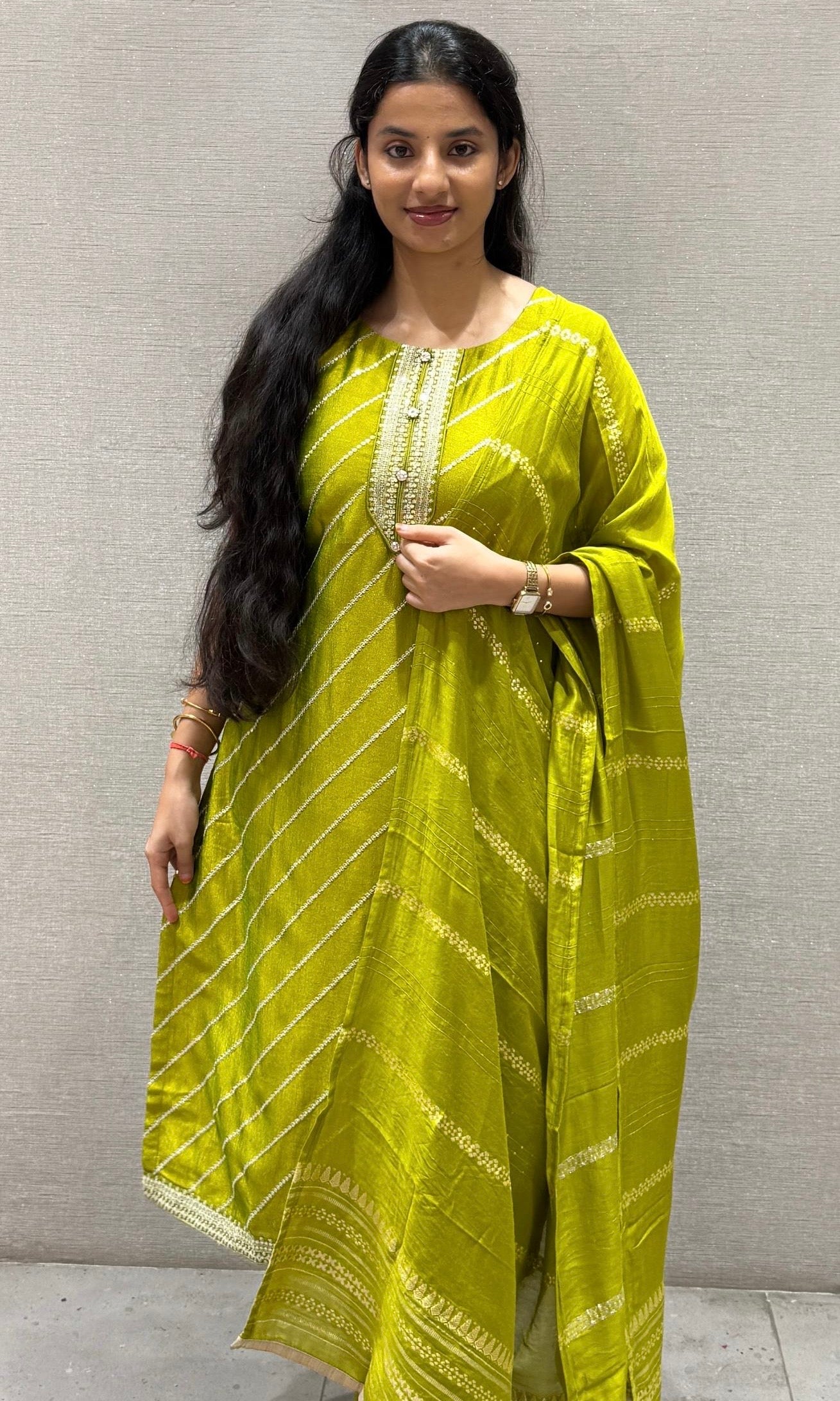 Lime Green Leheriya Kurta Set