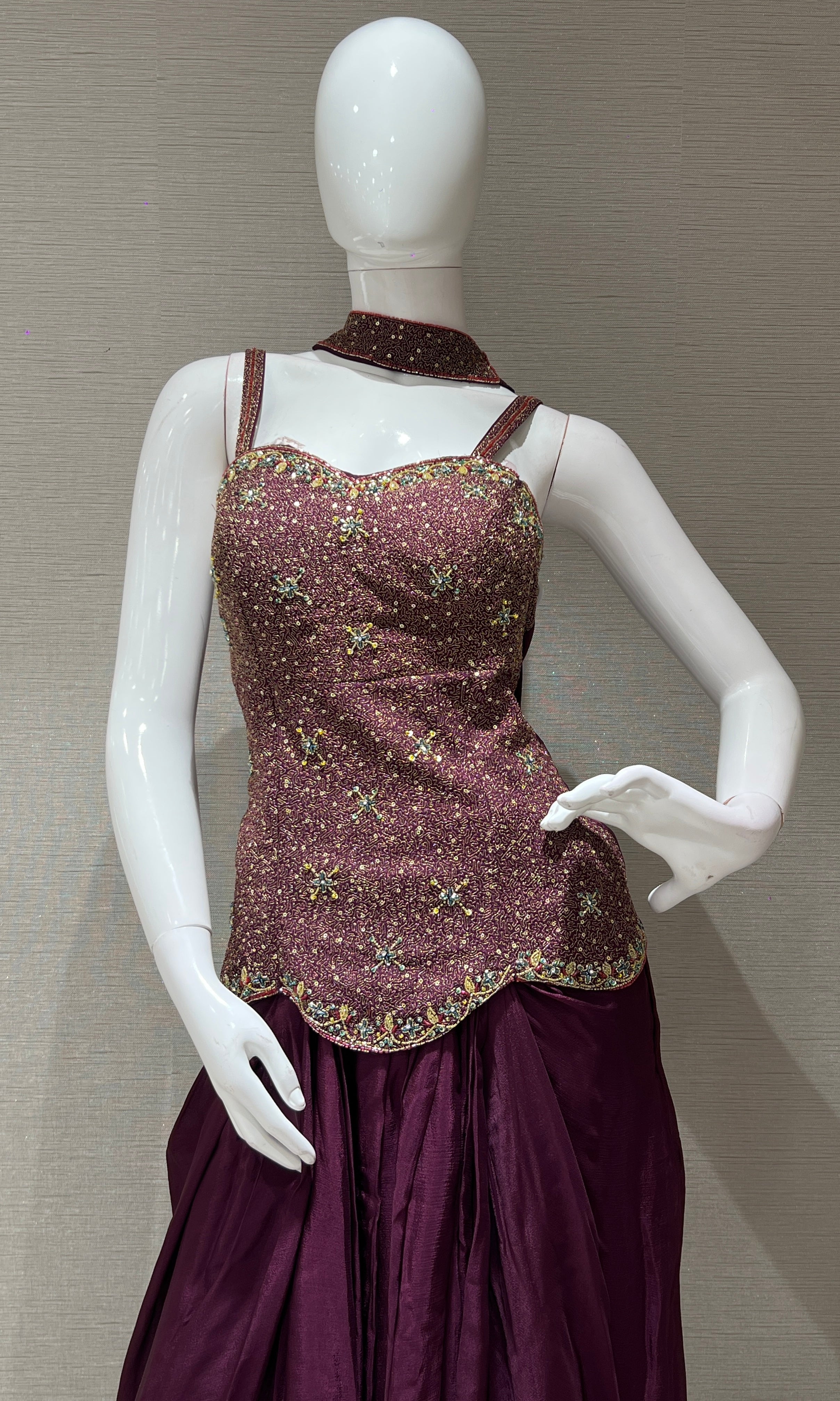 Wine Embroidered corset blouse with draped skirt