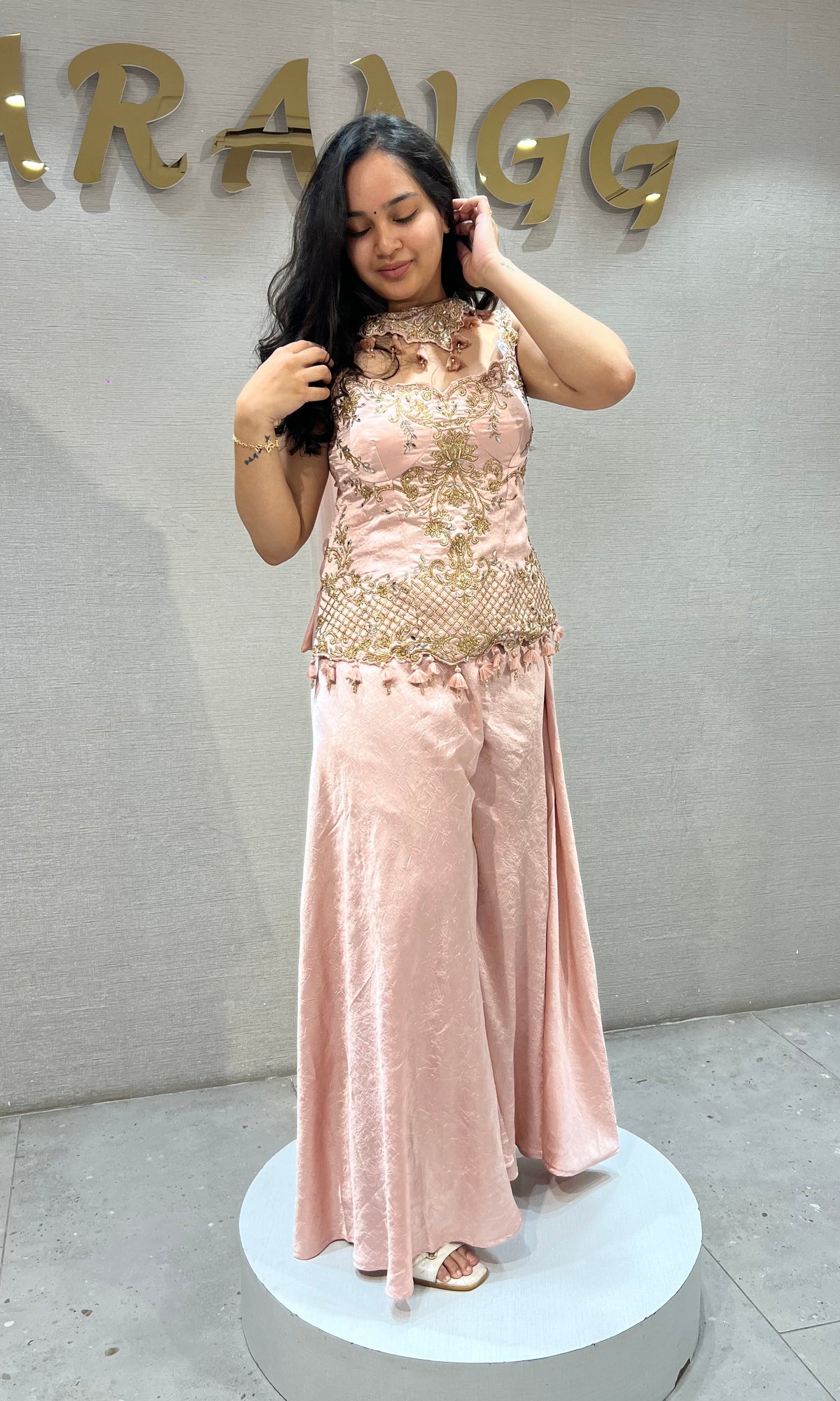 Baby Pink Satin Palazzo Ensemble with Gold Embroidery