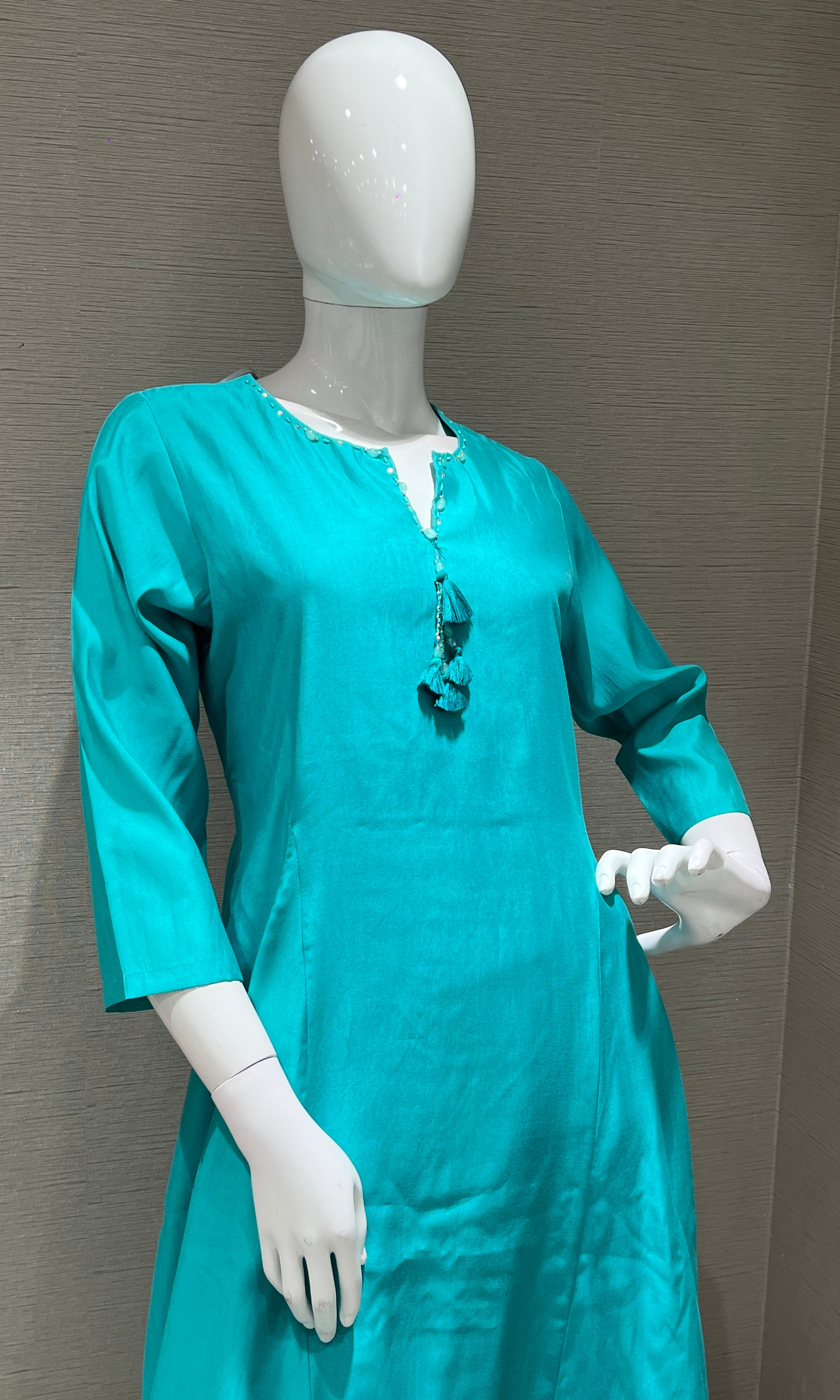 sea blue kurta set with floral printed dupatta