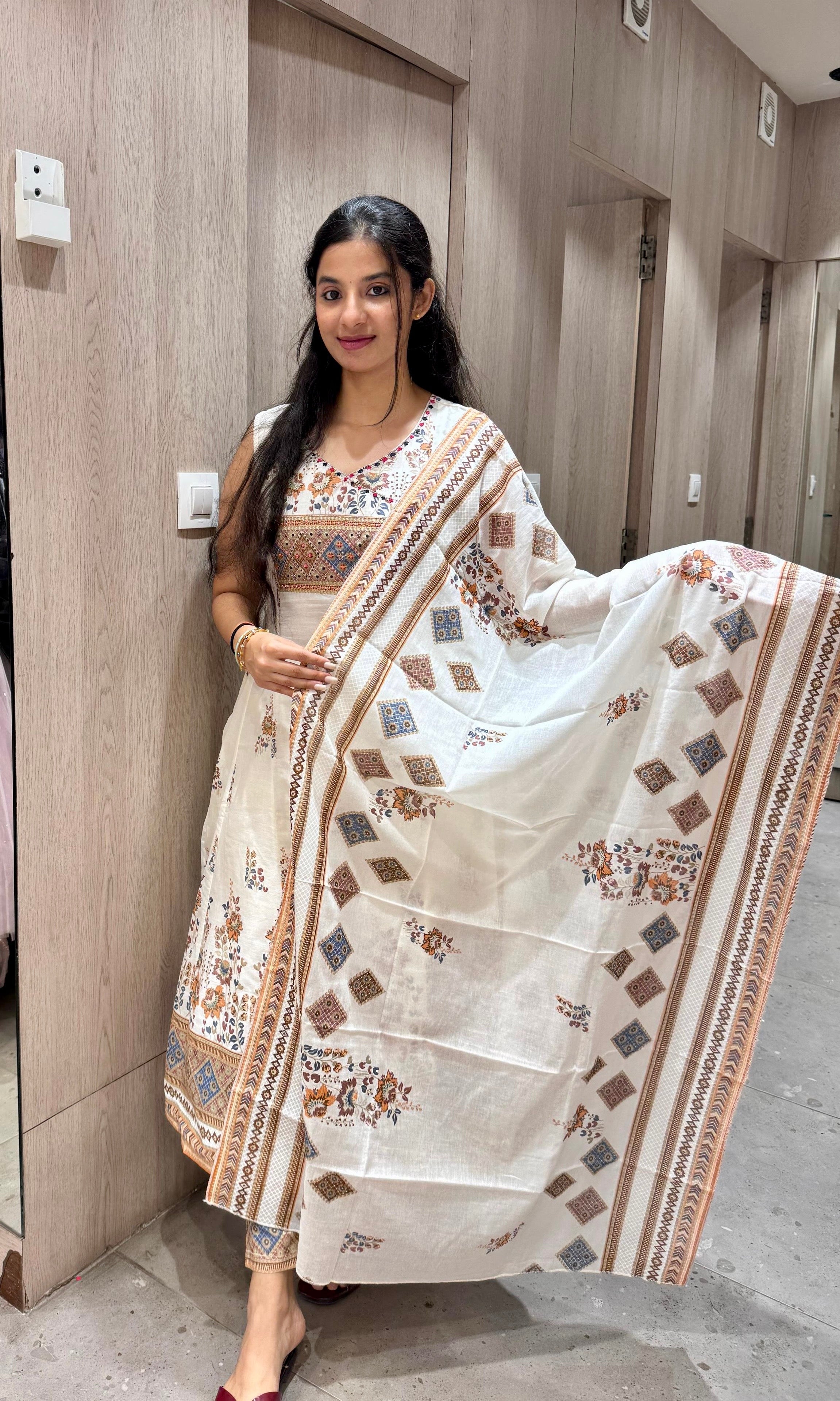 Off-White Block Print Cotton kurta set with Pant & Dupatta