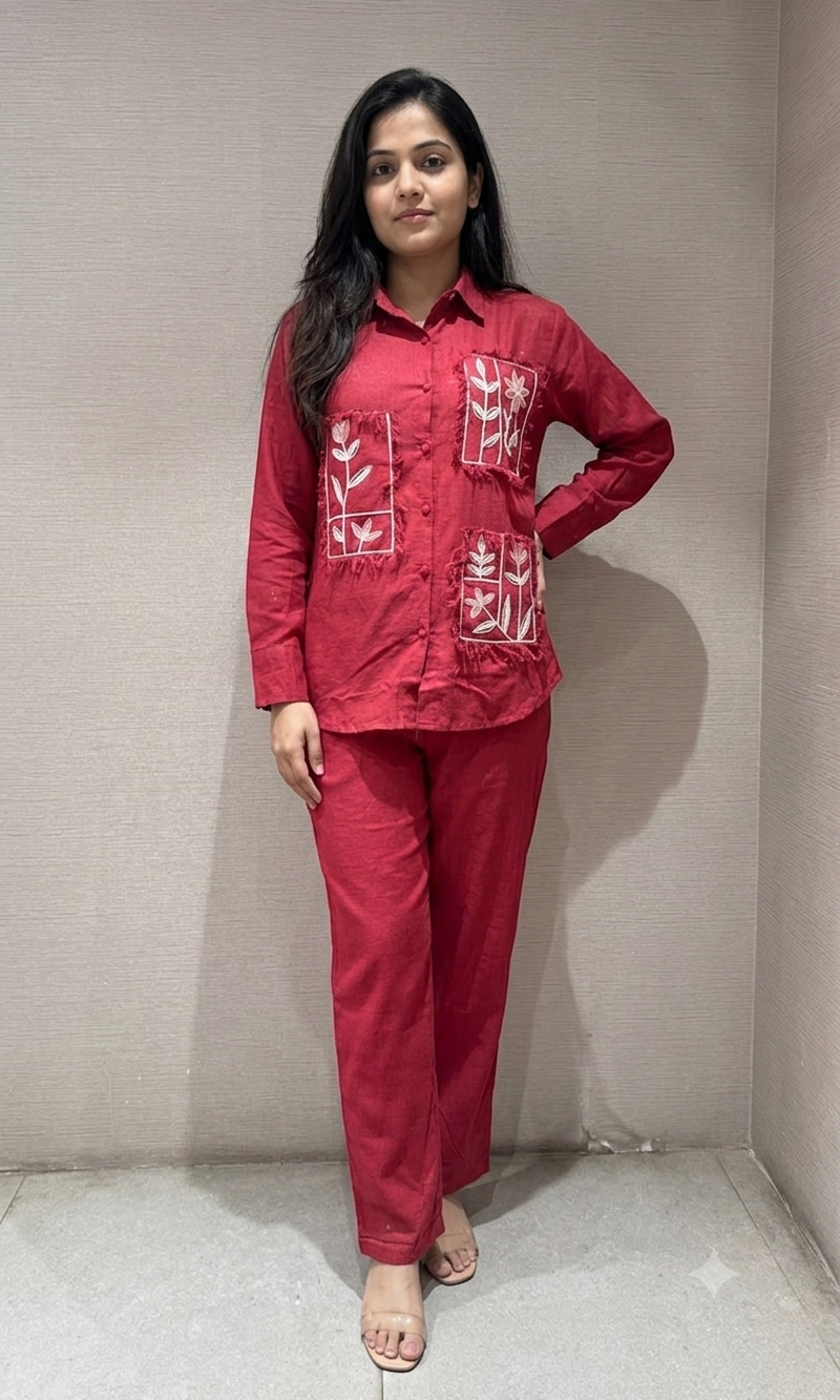Red cotton embroidery work short cord set