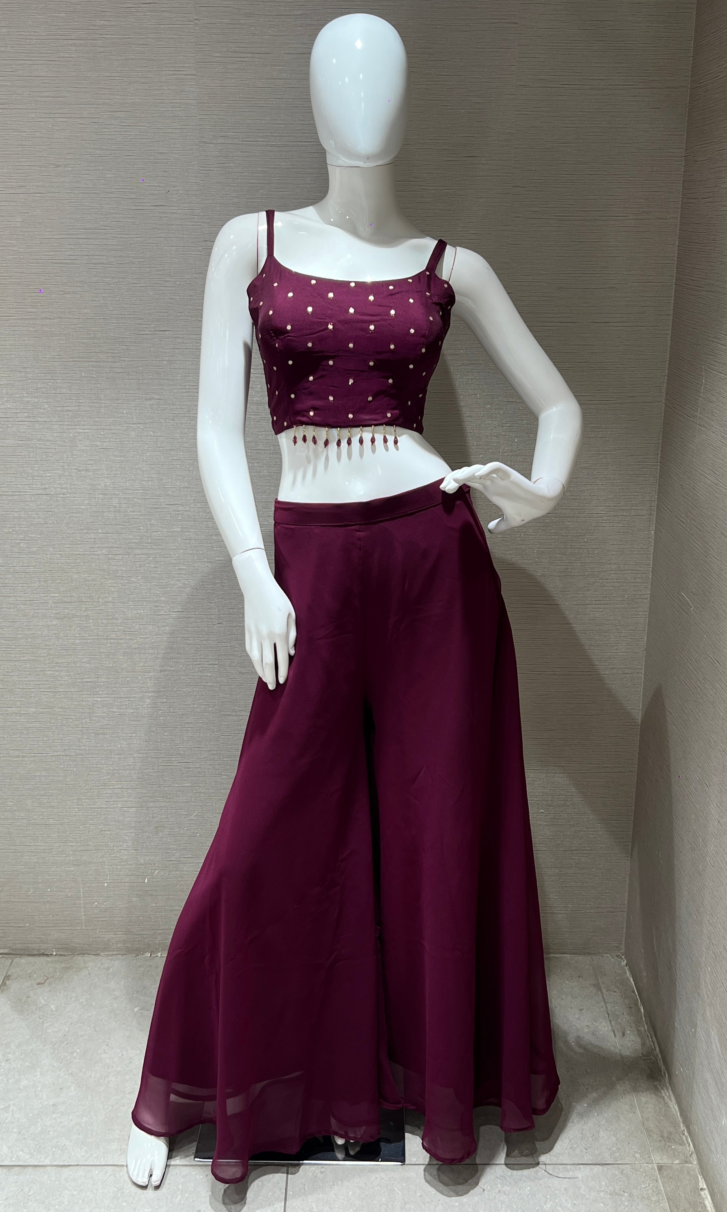 Wine Palazzo set with Embroidered Jacket