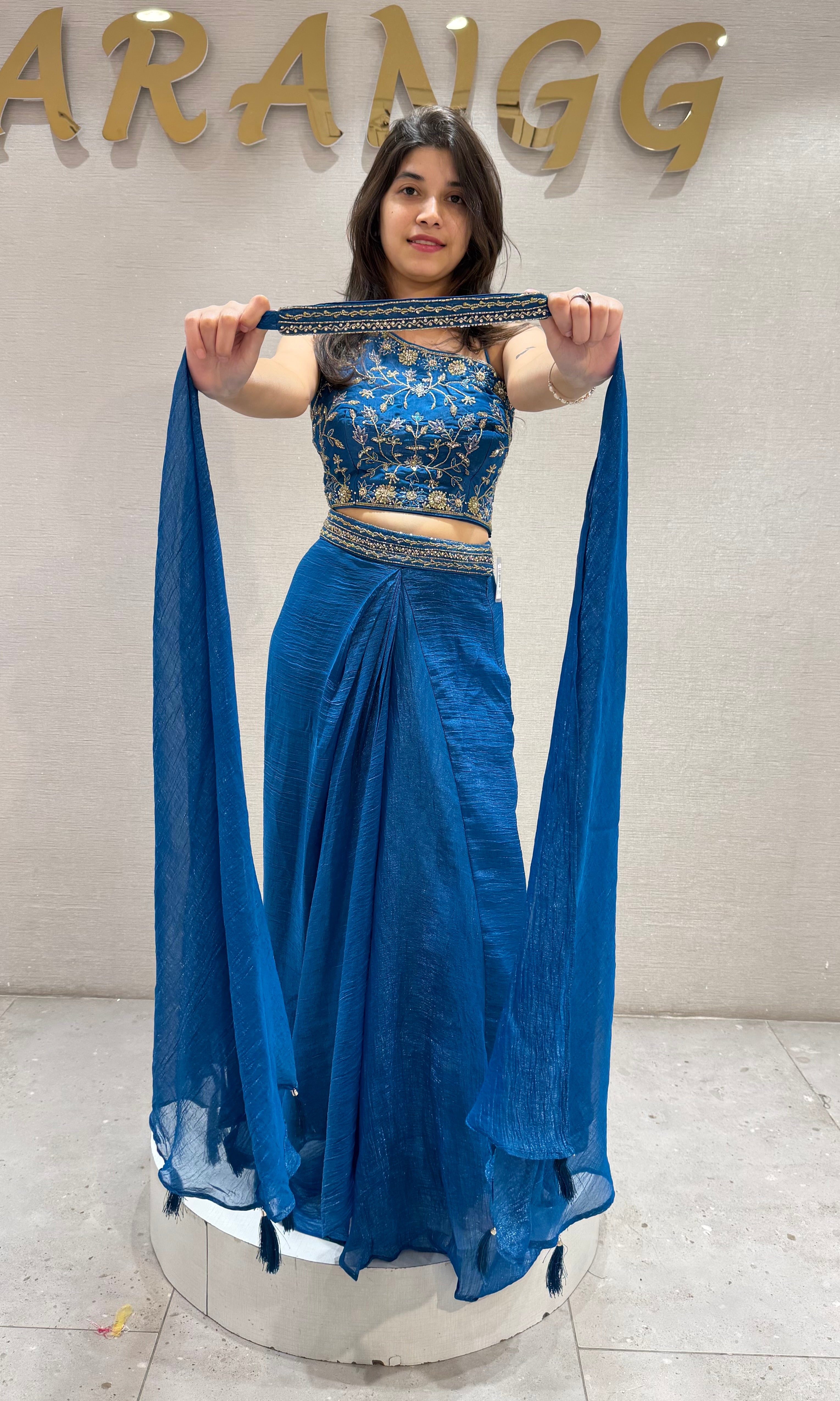 Peacock Blue Embroidered Draped Skirt