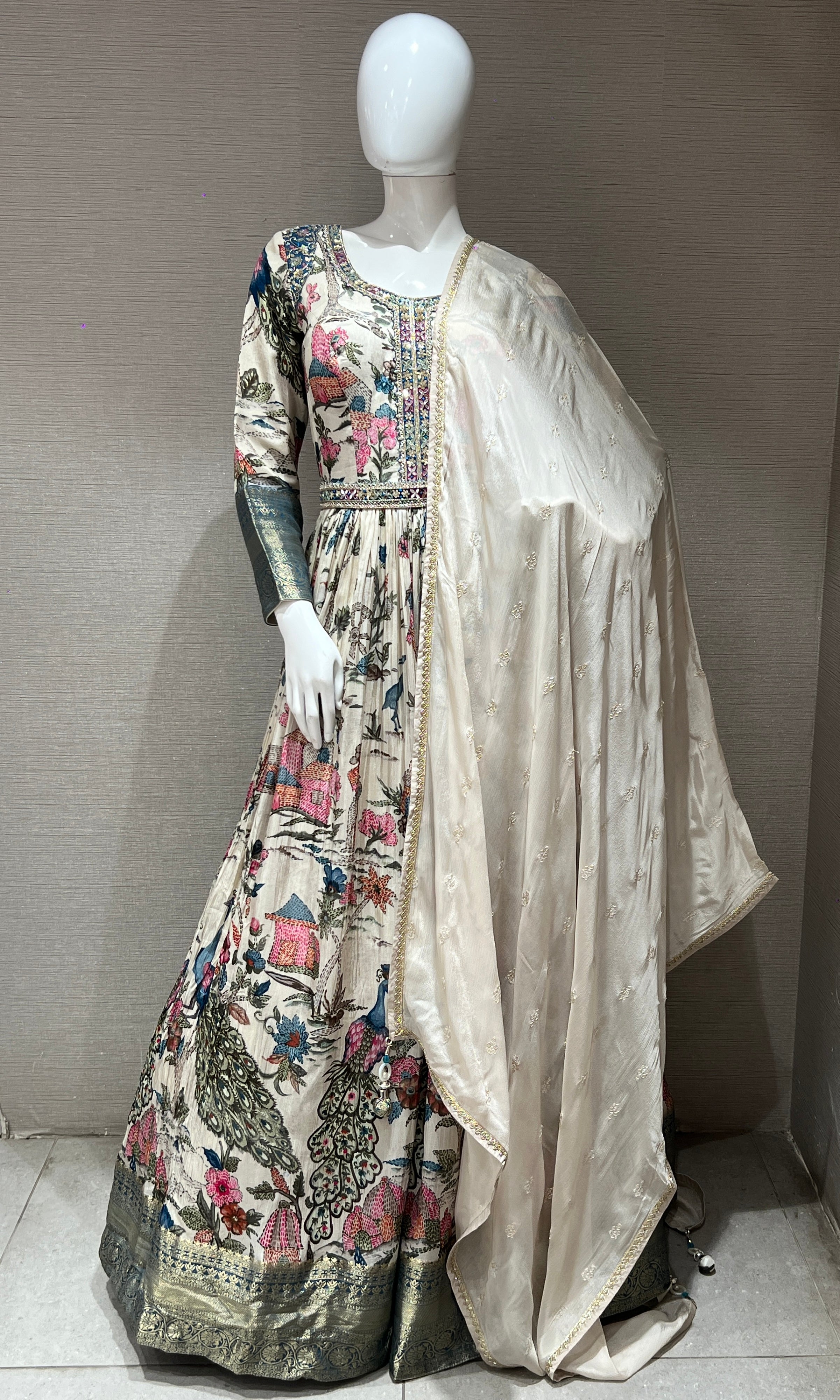 Cream long anarkali with floral print embroidered