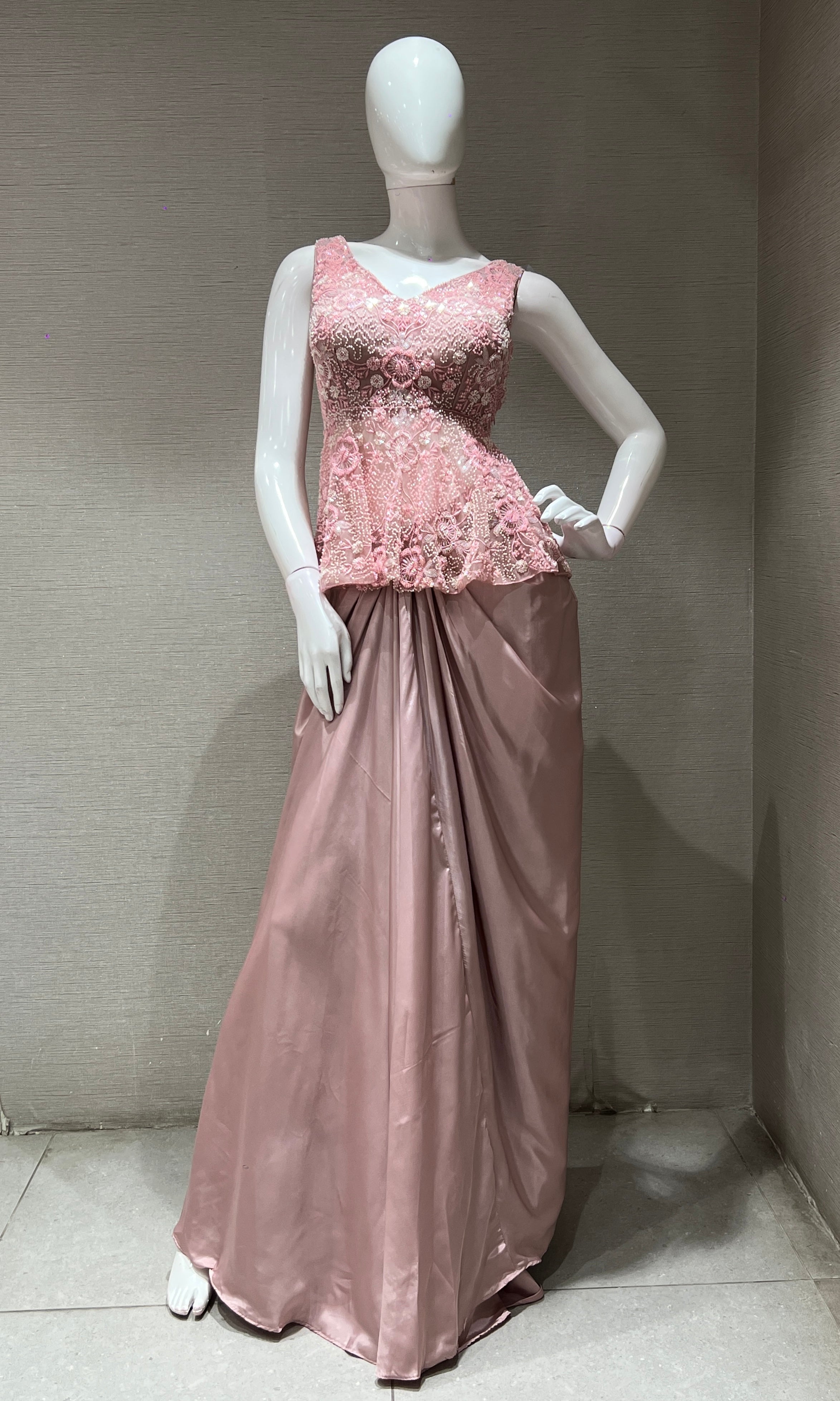 Baby pink EMBROIDERED PEPLUM BLOUSE WITH SKIRT