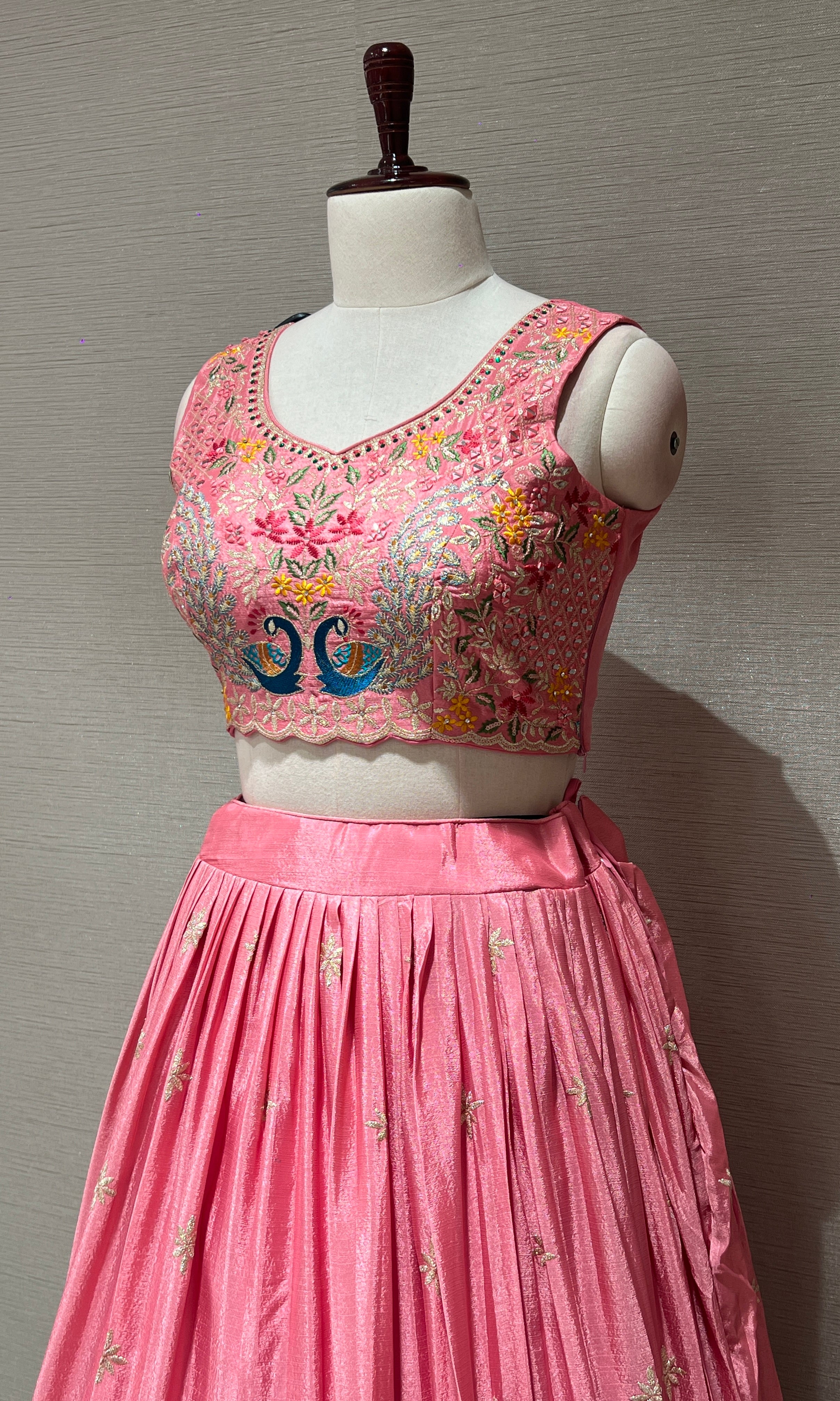 rose pink lehenga with peacock design