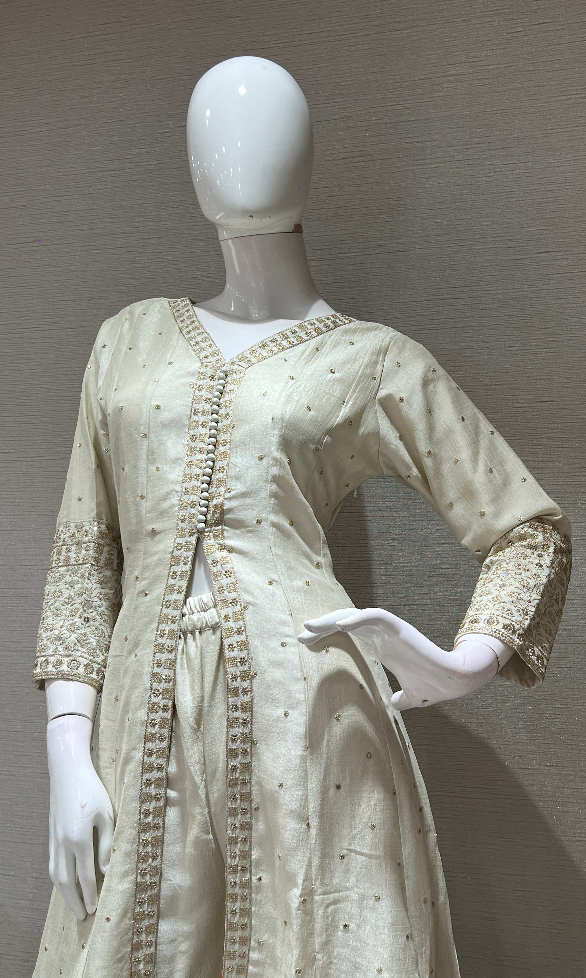 Cream embroidered front slit Anarkali