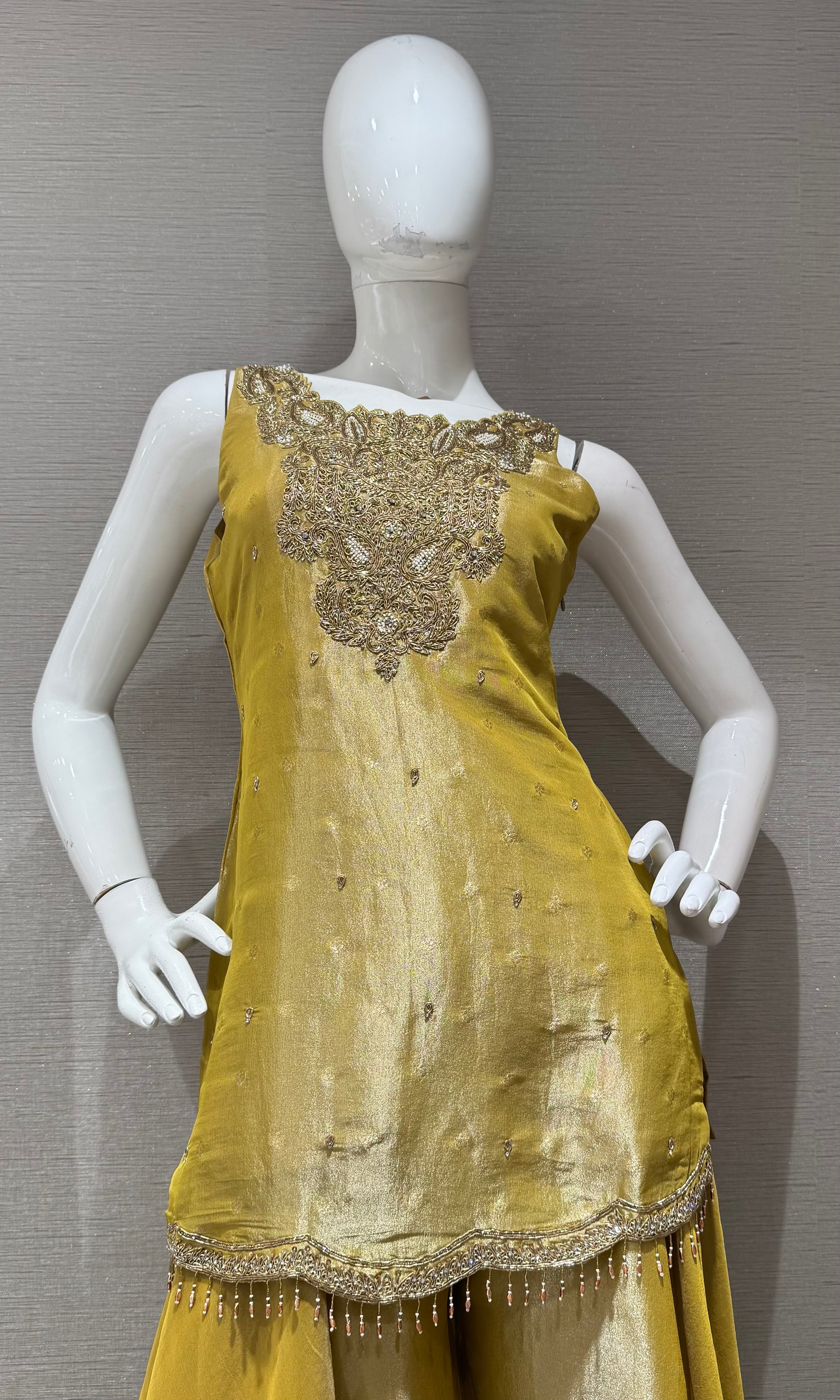 Mustard Gold Tissue silk Embroidered Sharara Set