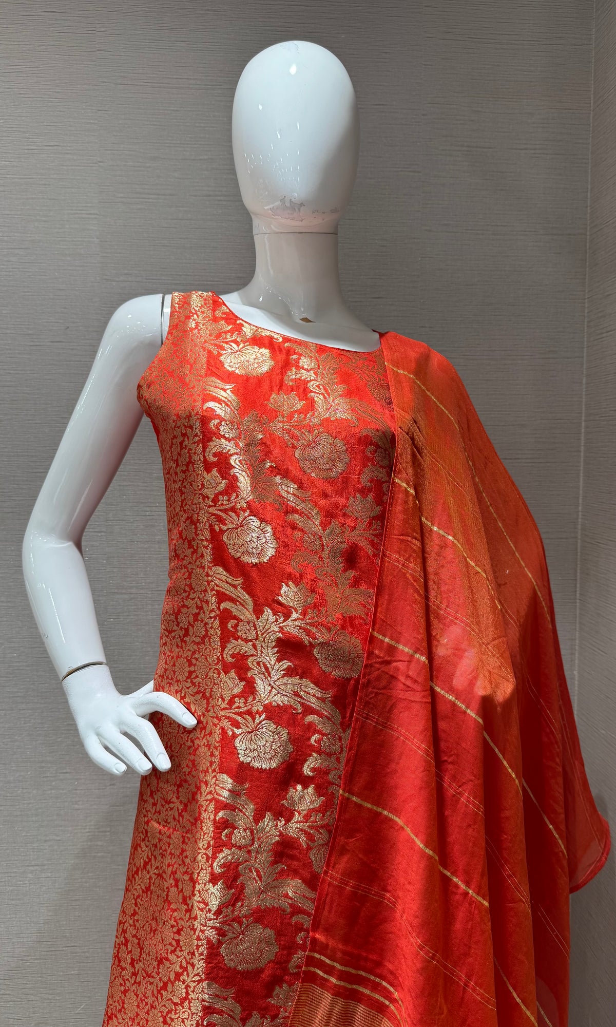 Orange Banarasi Silk Golden Floral Zari kurta set
