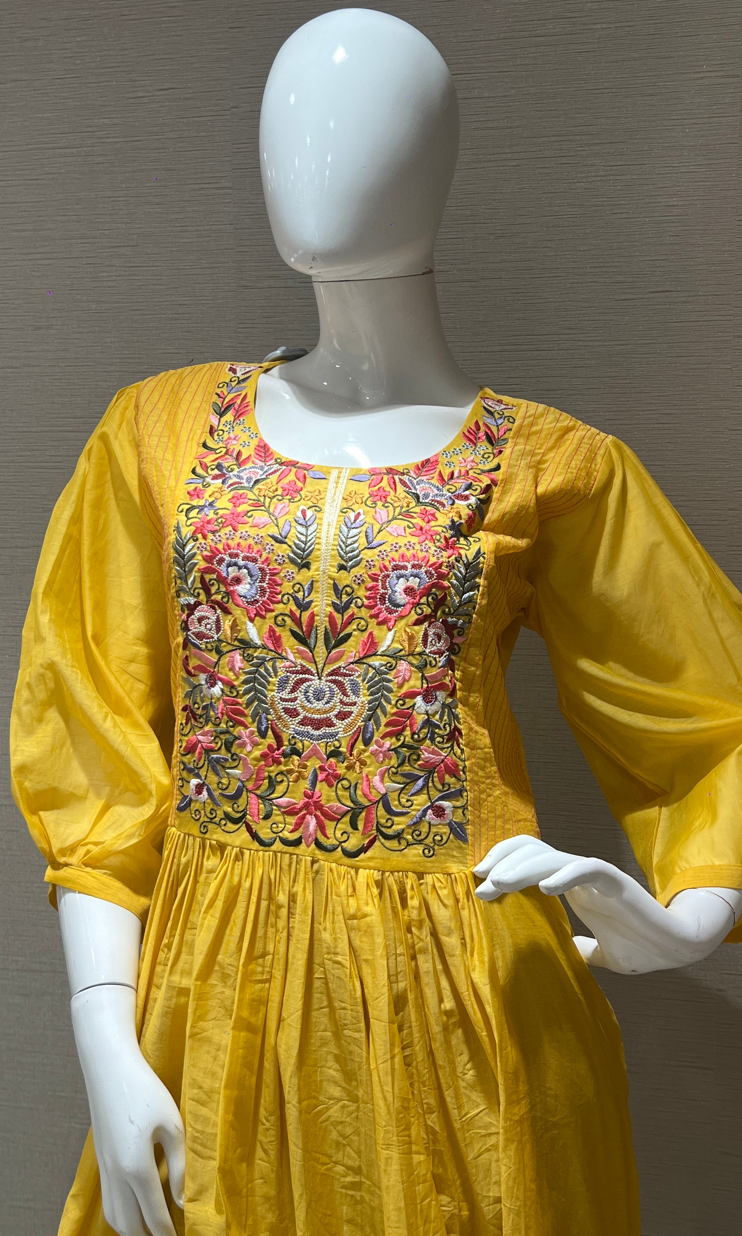 Yellow mul Chanderi Anarkali kurta set