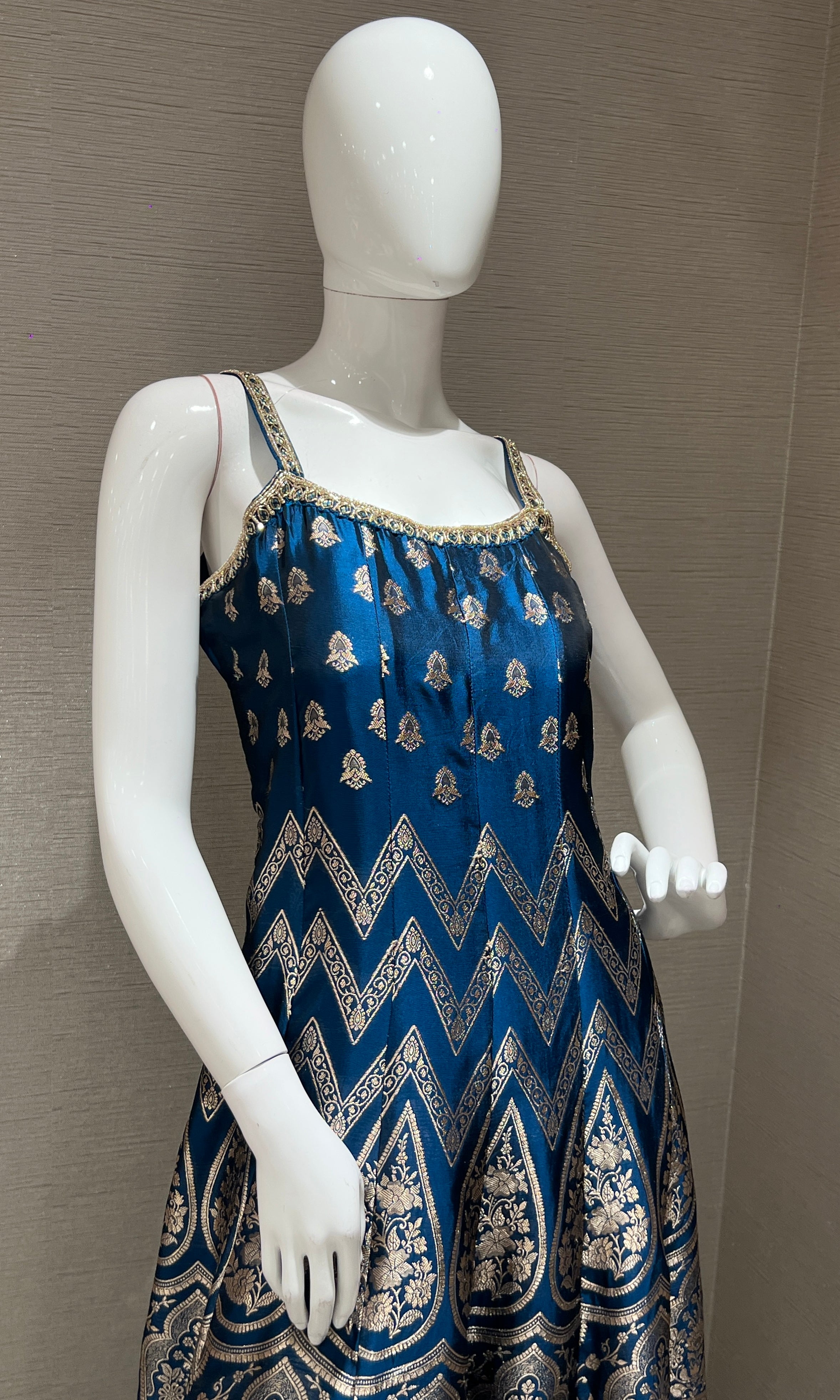 Peacock Blue Anarkali with Gold Print embroidery