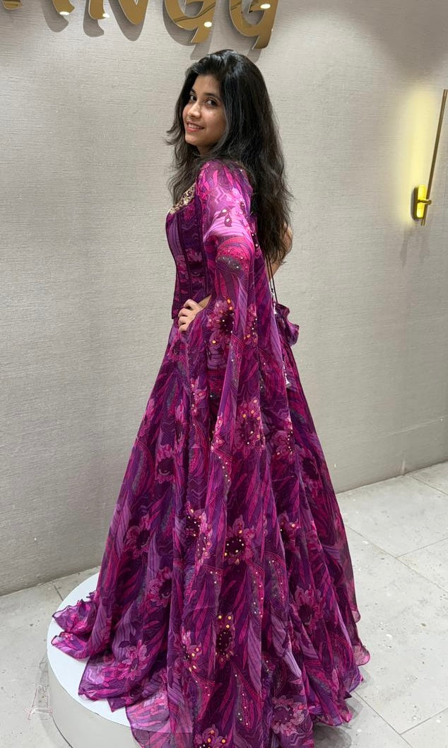 FUSCHIA PURPLE ABSTRACT CORSET LEHENGA