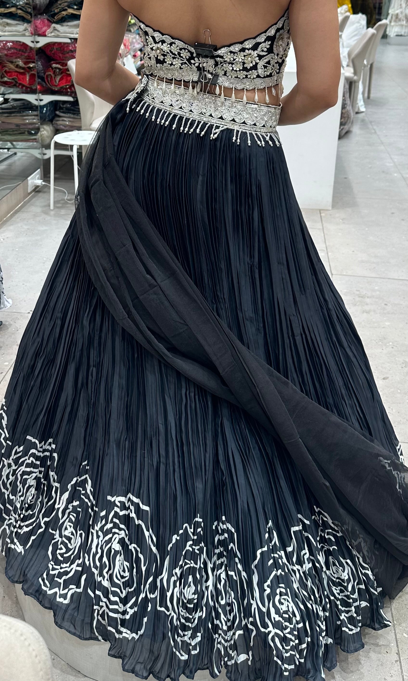 Black and white Lehenga with designer blouse and netted dupatta