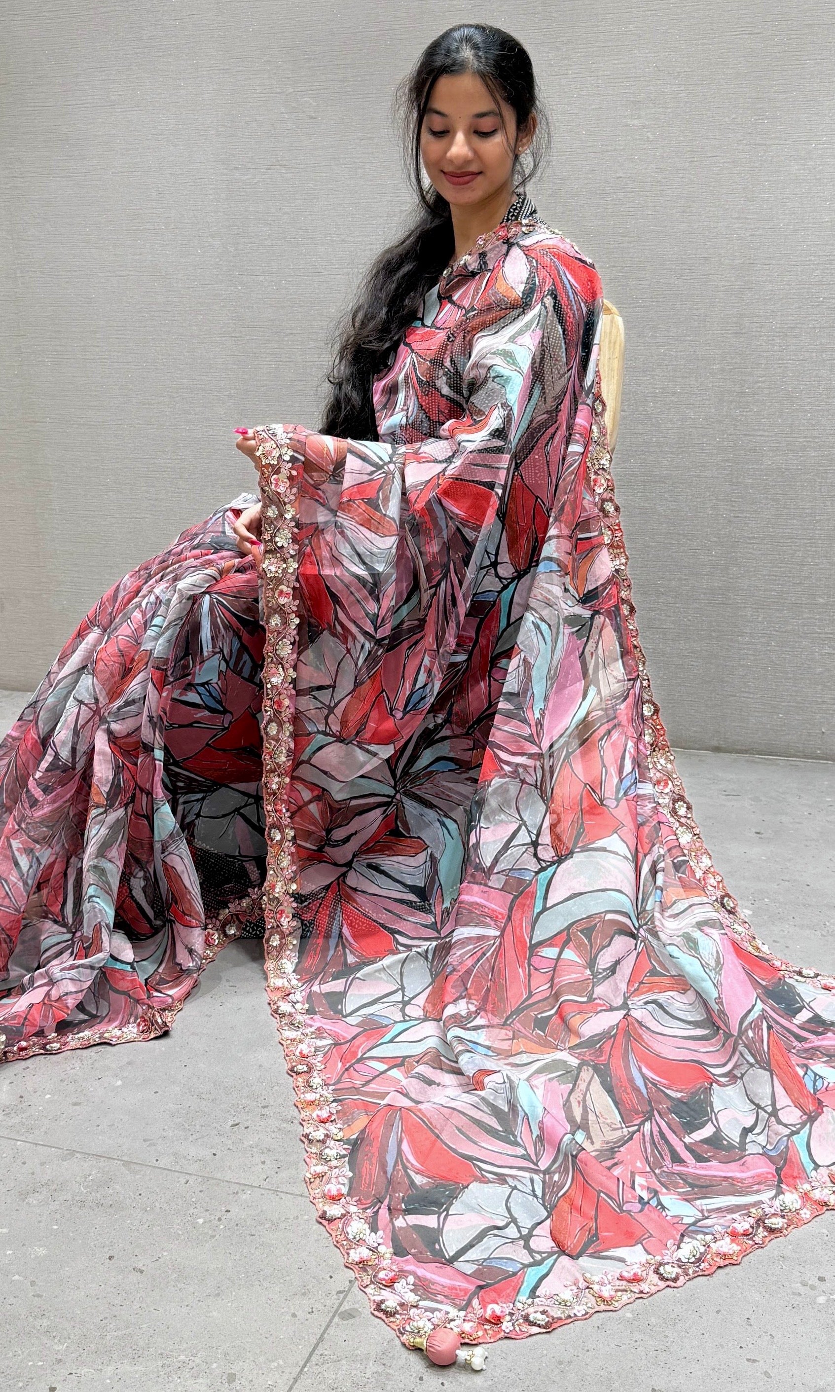 Onion pink digital printed soft organza saree with ready blouse