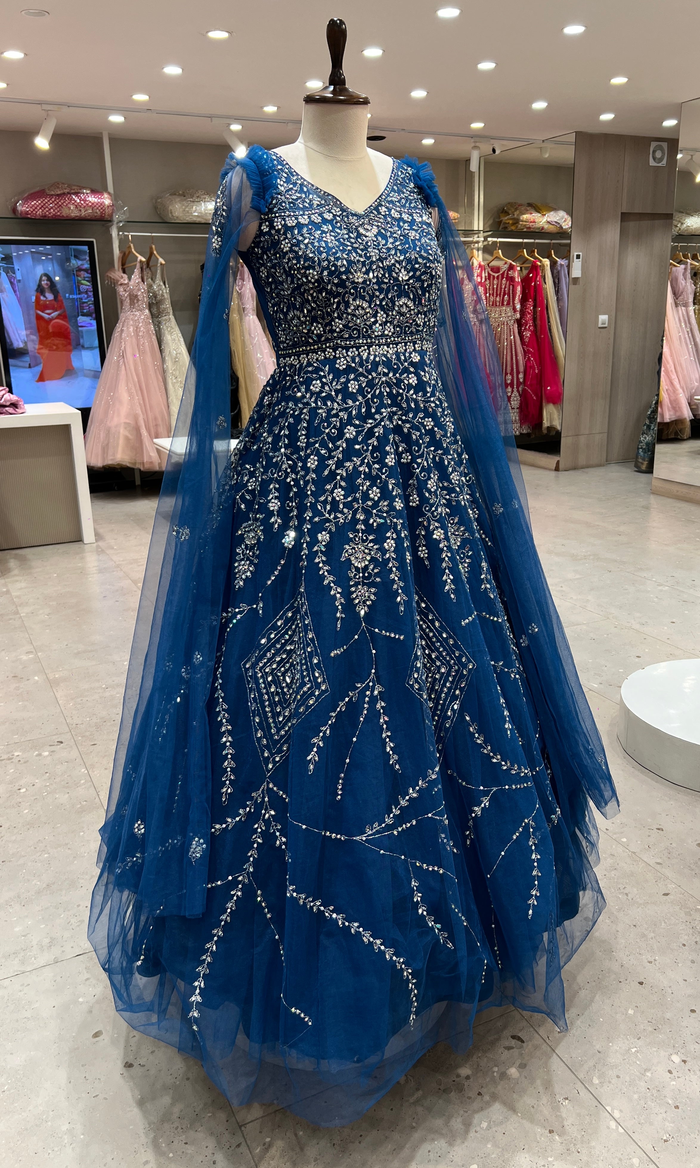 Navy blue CRYSTAL WORK NET GOWN